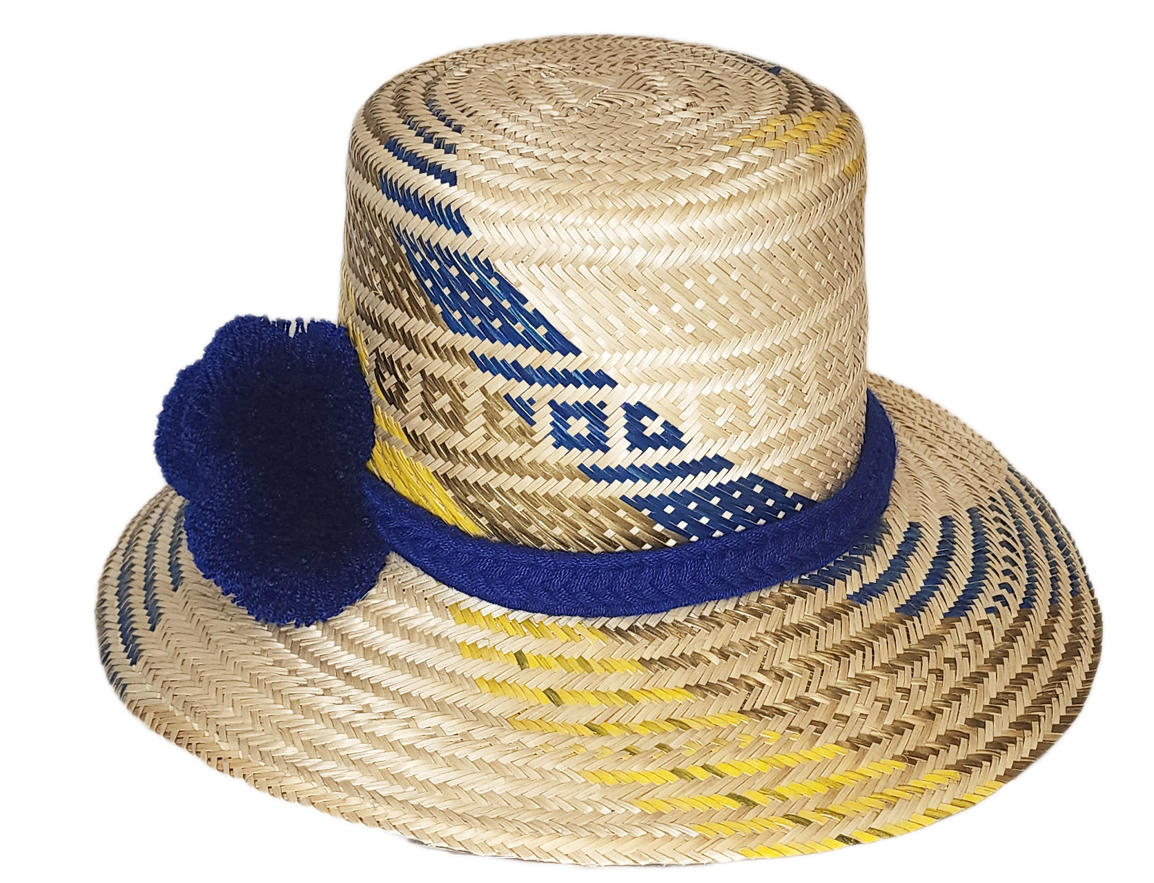 "Colorful handmade Wayuu hat by Wuitusu artisans, adorned with culturally significant pompoms, adjustable for all sizes."