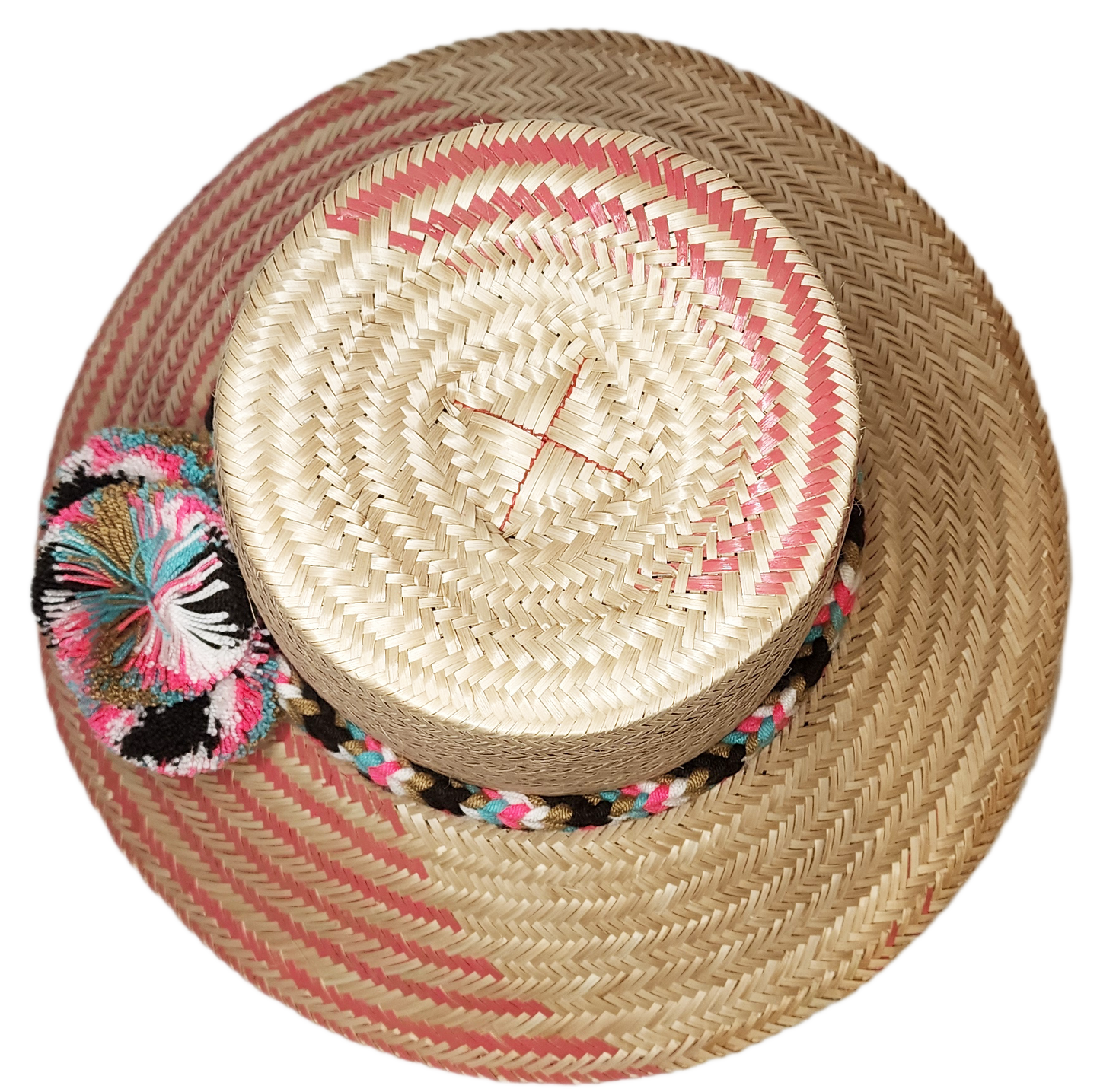 "Colorful handmade Wayuu hat by Wuitusu artisans, adorned with significant cultural pompoms, crafted from Iraca palm fibers."