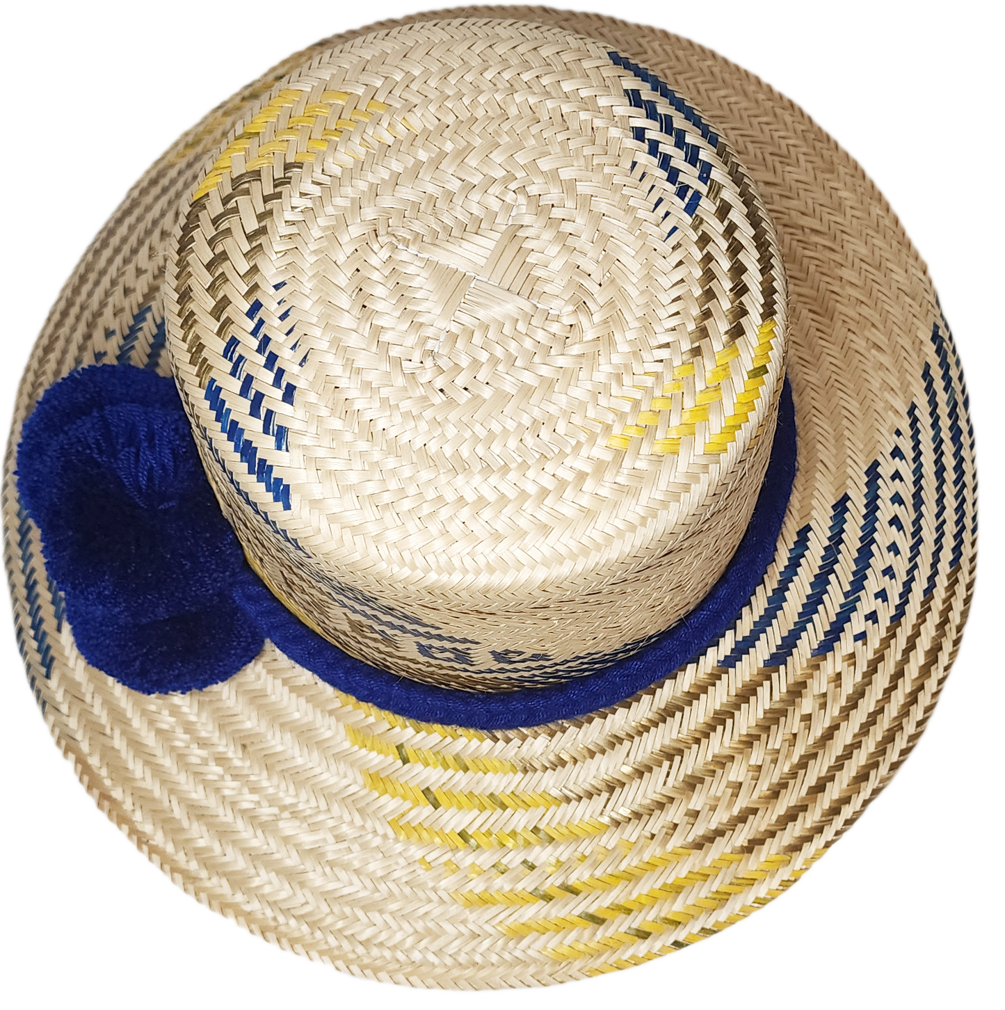 "Colorful handmade Wayuu hat by Wuitusu artisans, adorned with culturally significant pompoms, adjustable for all sizes."