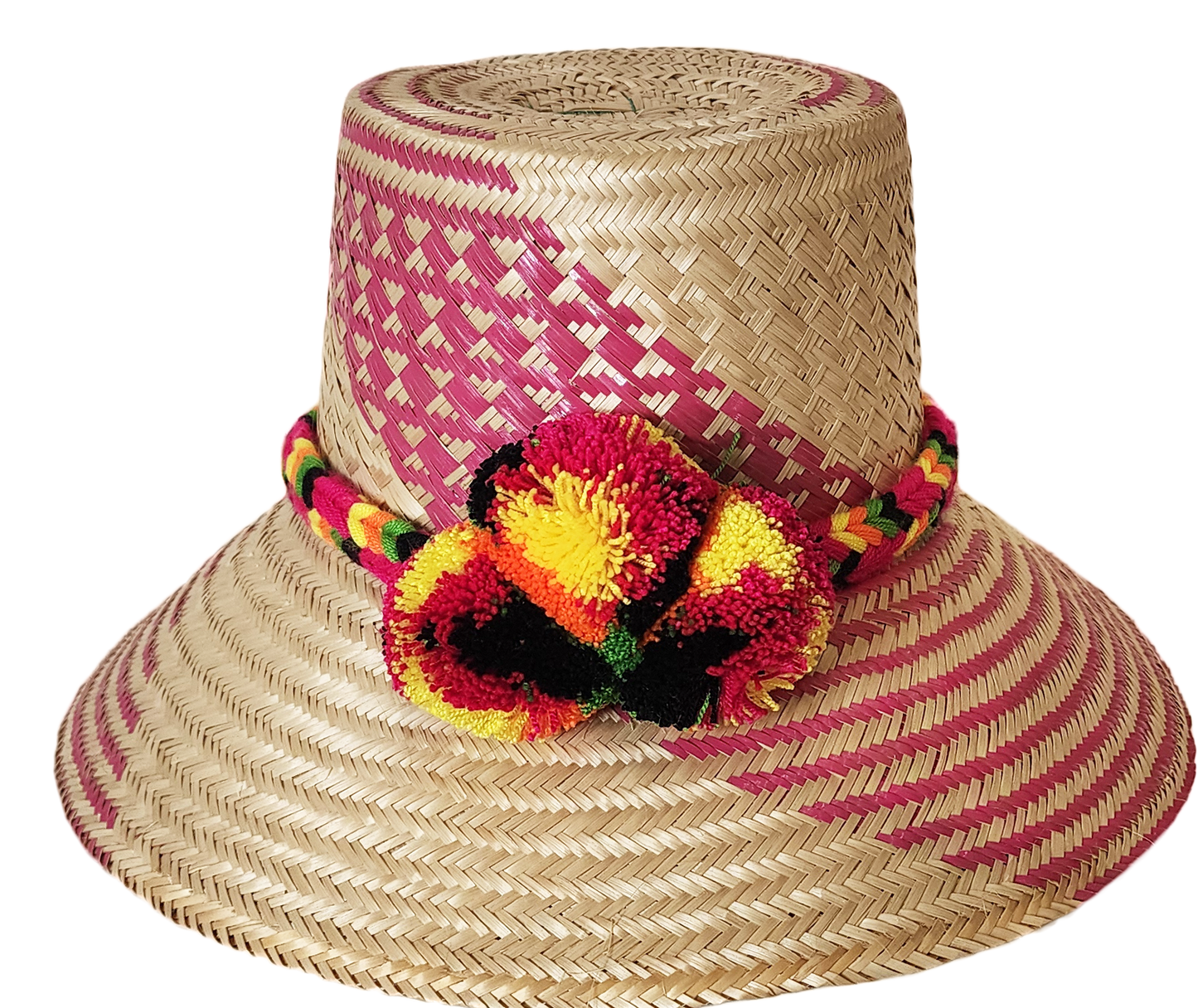 "Colorful Handmade Wayuu Hat by Wuitusu artisans, crafted from Iraca palm fibers, featuring adjustable styling and cultural p