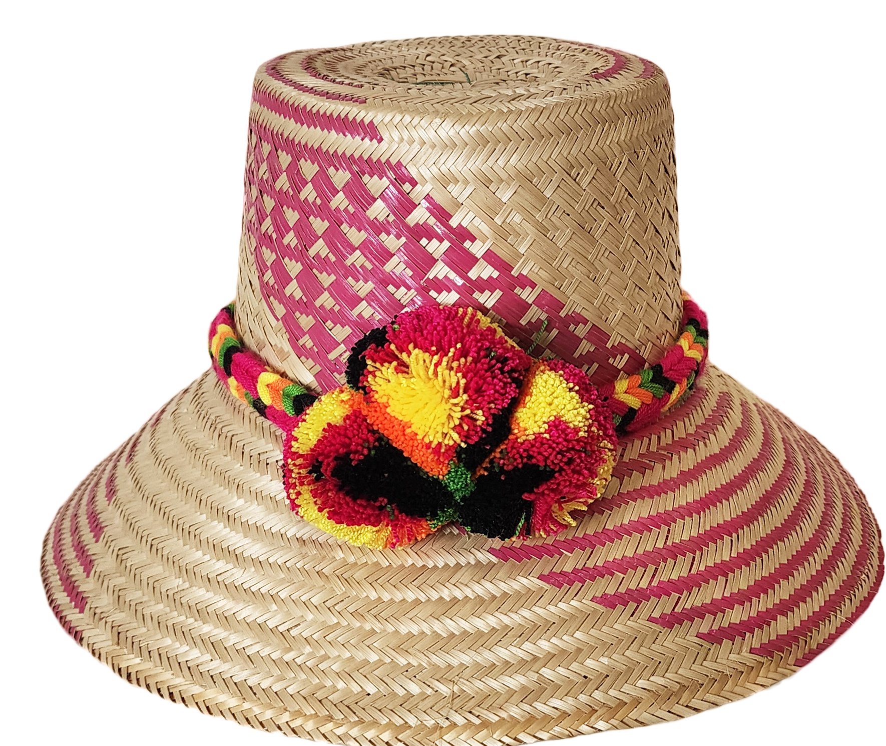 "Colorful Handmade Wayuu Hat by Wuitusu artisans, crafted from Iraca palm fibers, featuring adjustable styling and cultural p