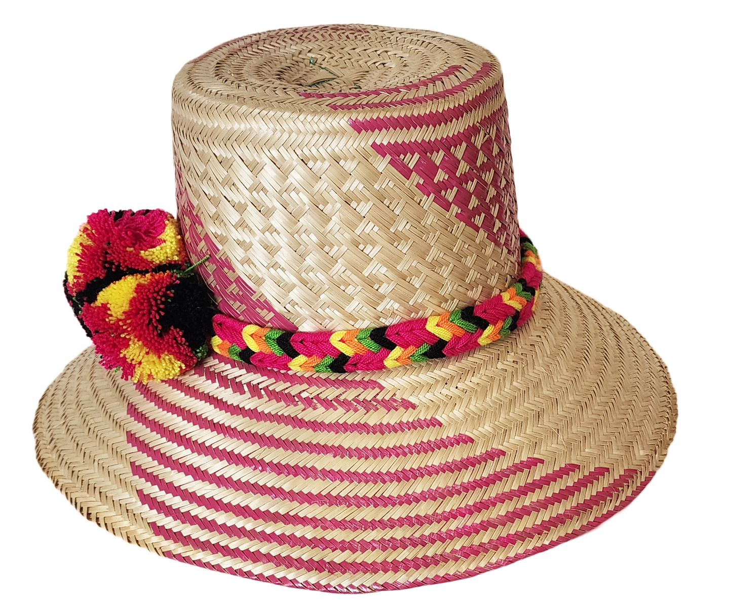"Colorful Handmade Wayuu Hat by Wuitusu artisans, crafted from Iraca palm fibers, featuring adjustable styling and cultural p