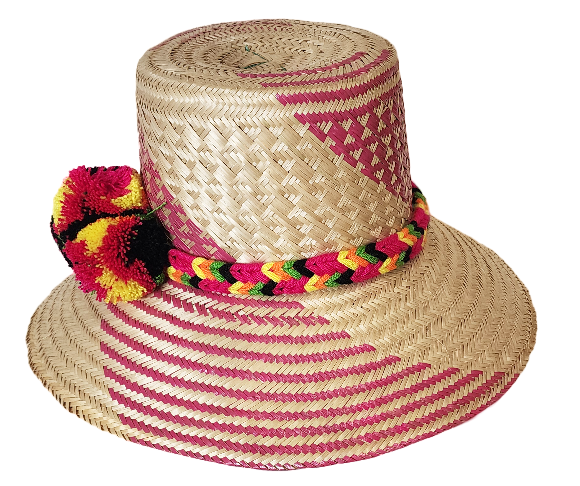 "Colorful Handmade Wayuu Hat by Wuitusu artisans, crafted from Iraca palm fibers, featuring adjustable styling and cultural p