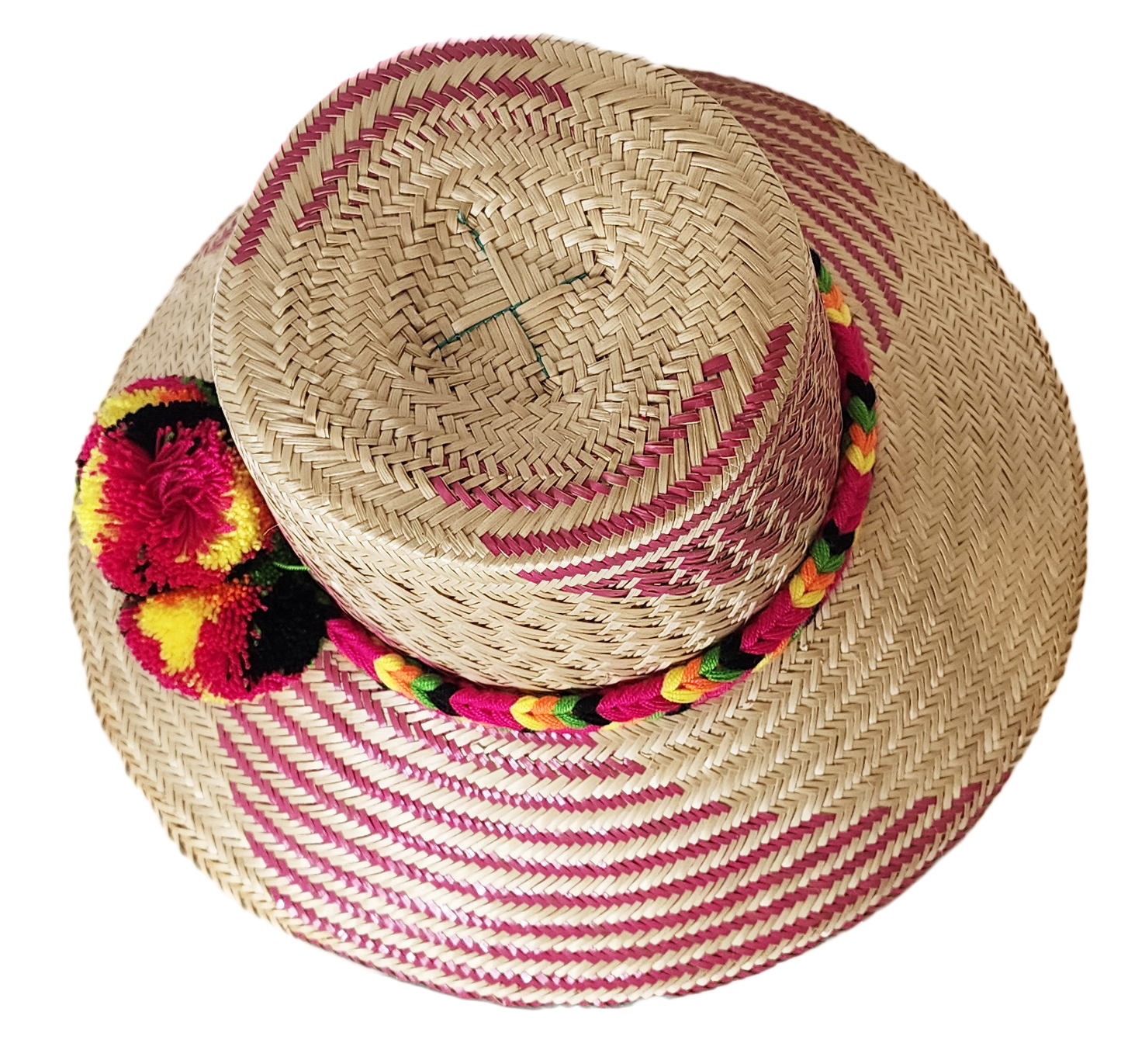"Colorful Handmade Wayuu Hat by Wuitusu artisans, crafted from Iraca palm fibers, featuring adjustable styling and cultural p