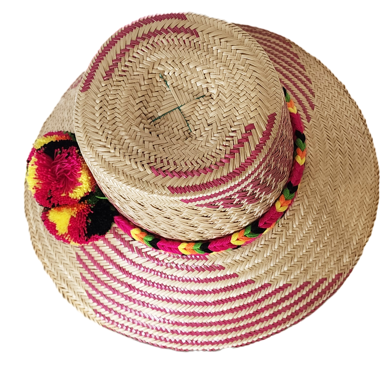 "Colorful Handmade Wayuu Hat by Wuitusu artisans, crafted from Iraca palm fibers, featuring adjustable styling and cultural p