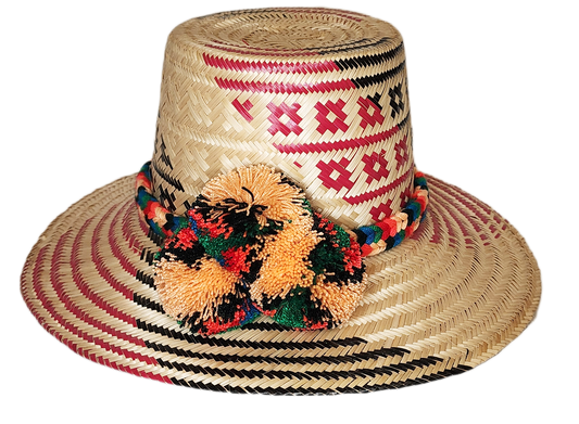 "Colorful handmade Wayuu hat by Wuitusu, crafted from Iraca palm fibers, adorned with significant pompoms for prosperity."
