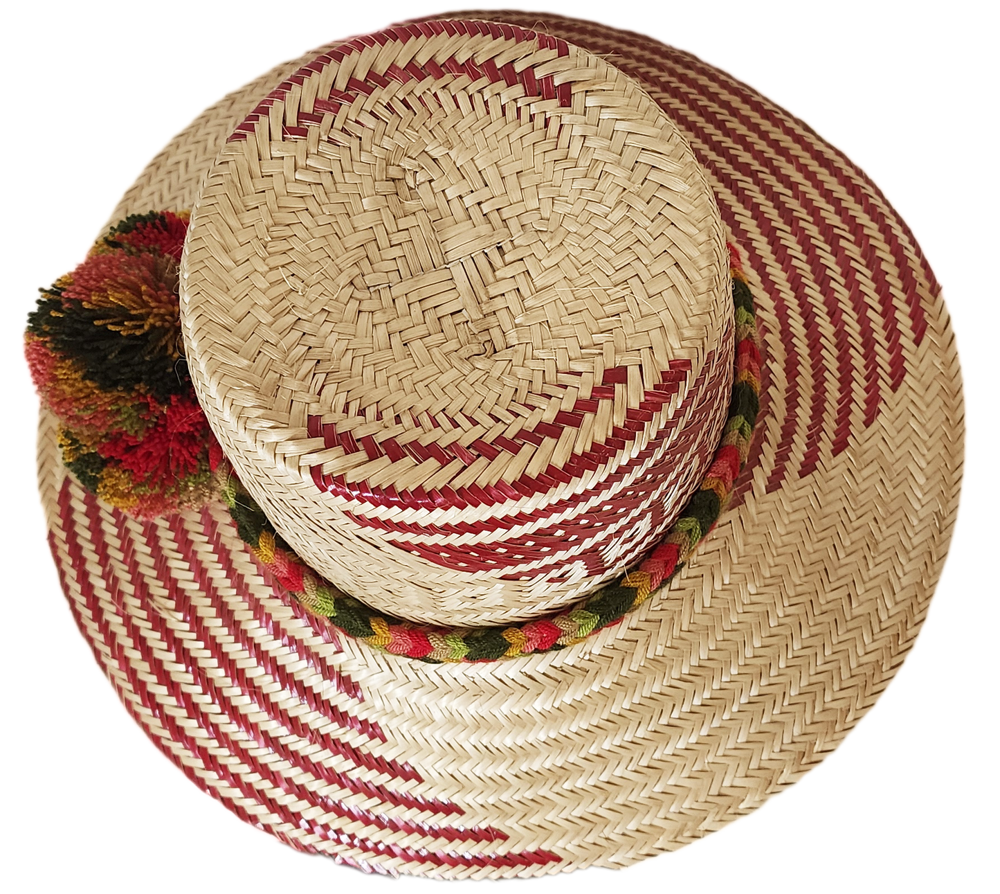 "Colorful Handmade Wayuu Hat by Wuitusu, crafted from Iraca palm fibers, featuring adjustable fit and decorative pompoms."