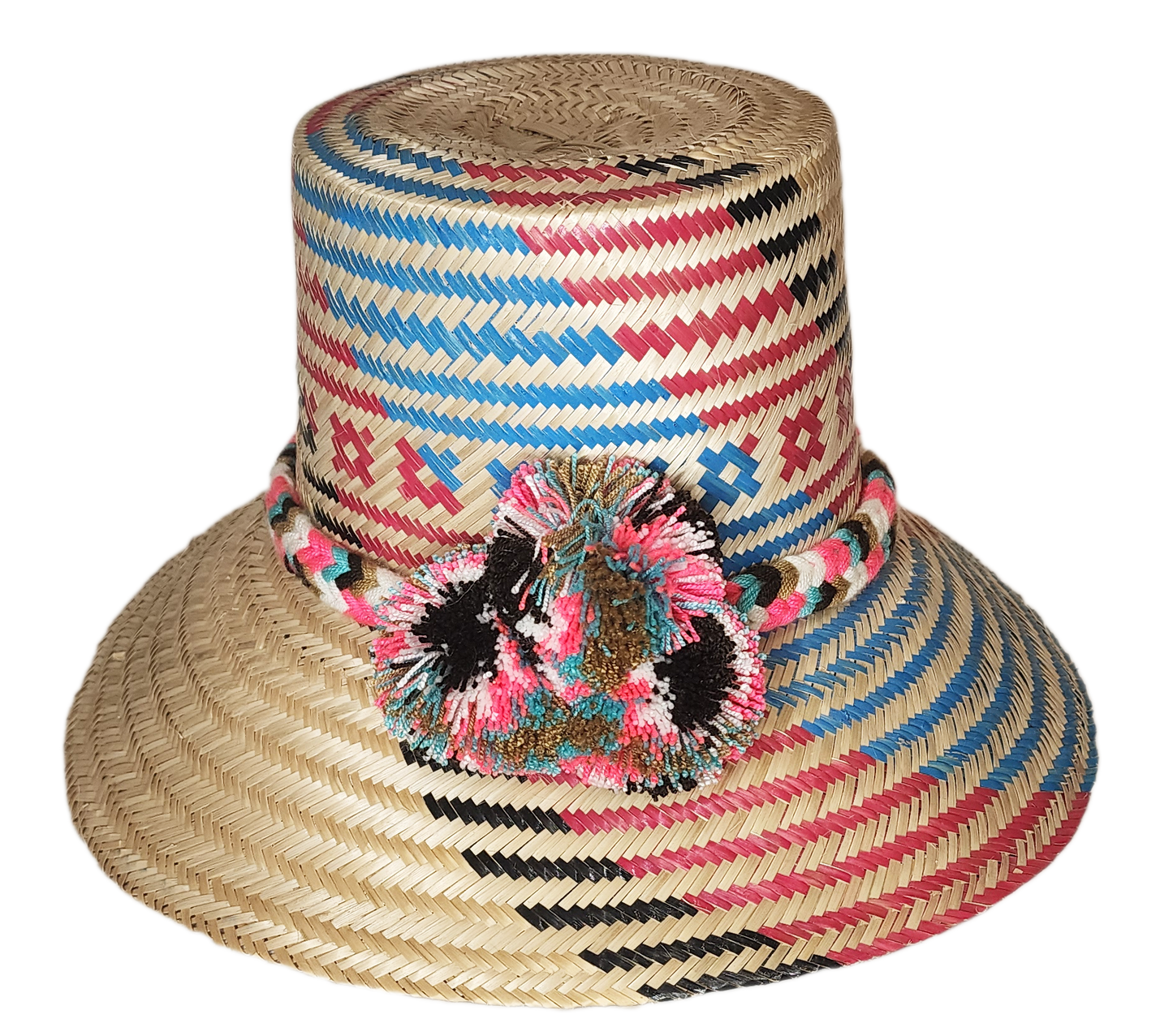 "Colorful handmade Wayuu hat crafted from Iraca palm, adorned with cultural pompoms, adjustable for a perfect fit."
