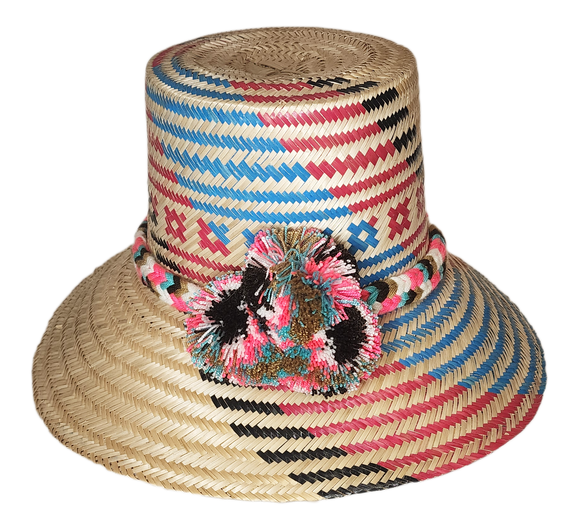 "Colorful handmade Wayuu hat crafted from Iraca palm, adorned with cultural pompoms, adjustable for a perfect fit."