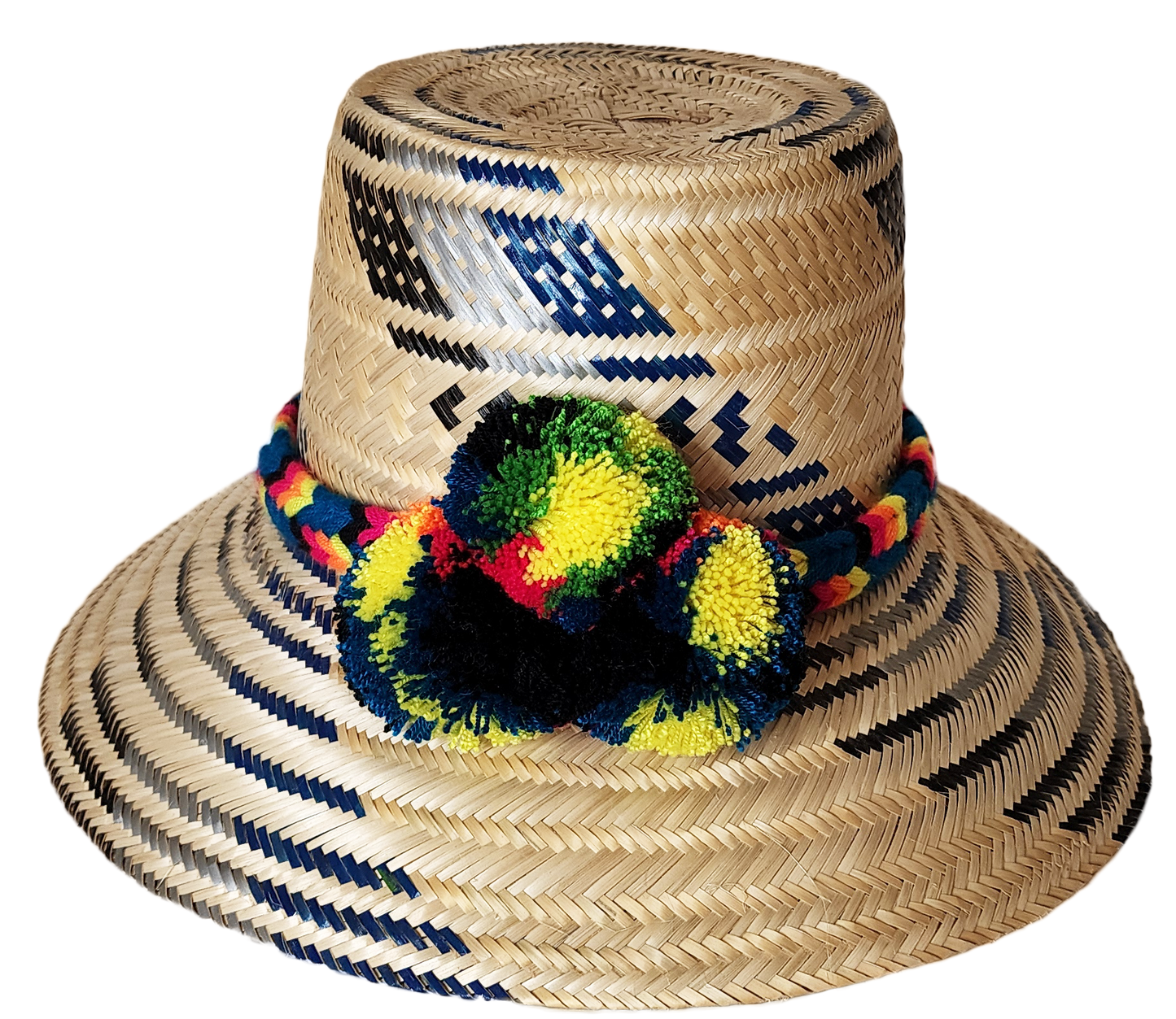 "Colorful handmade Wayuu hat crafted from Iraca palm, adorned with cultural pompoms for style and symbolism."