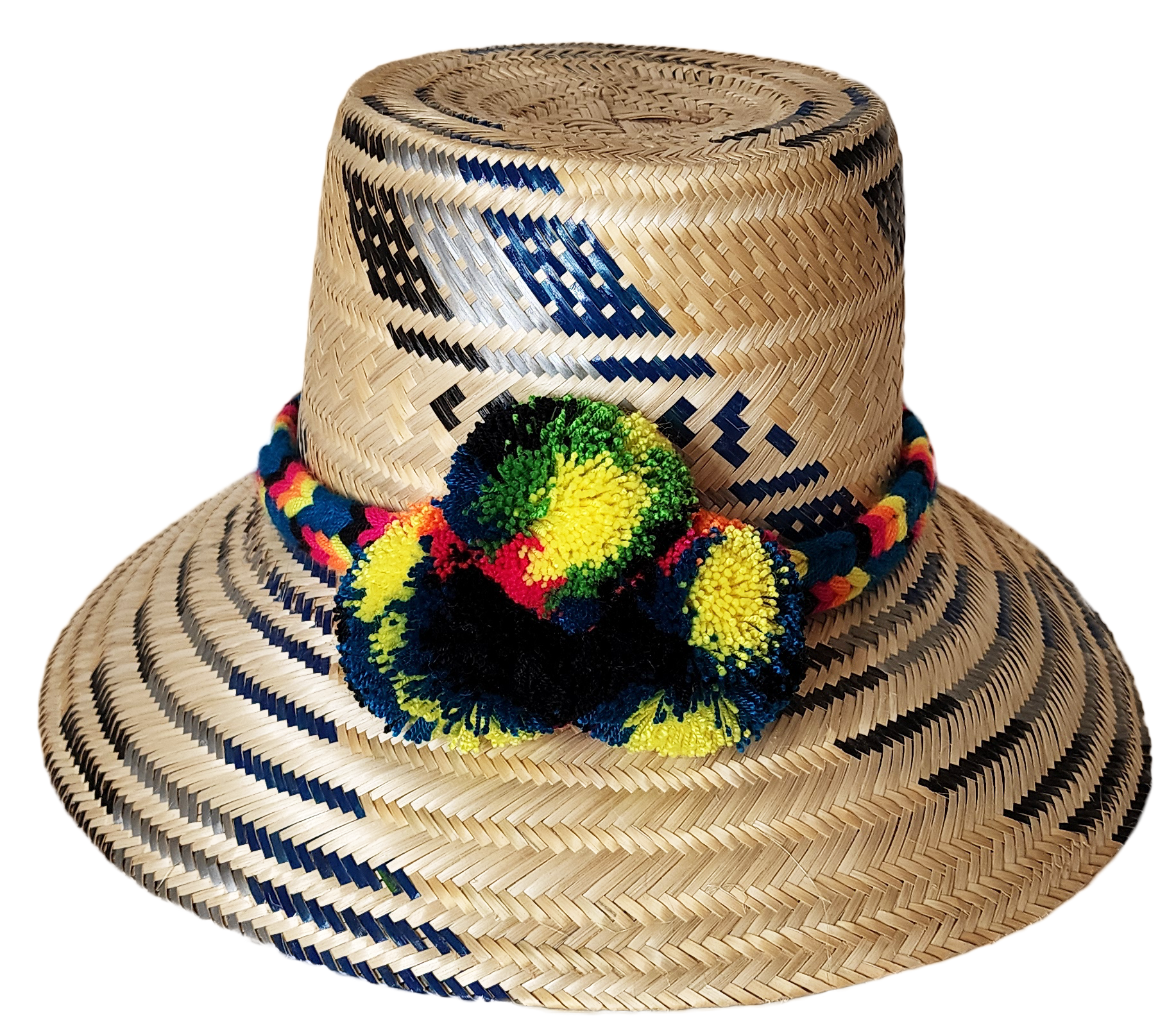 "Colorful handmade Wayuu hat crafted from Iraca palm, adorned with cultural pompoms for style and symbolism."