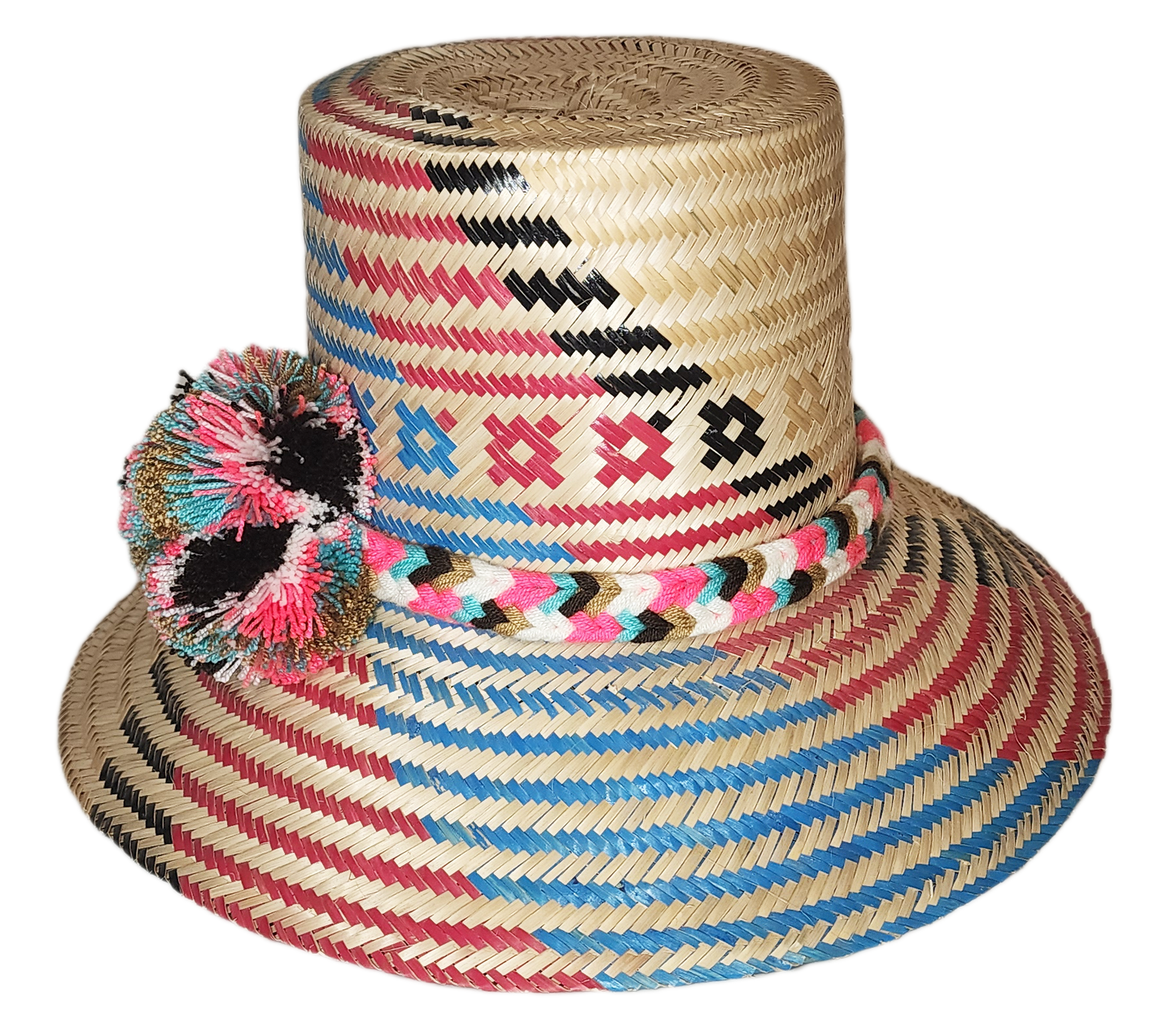 "Colorful handmade Wayuu hat crafted from Iraca palm, adorned with cultural pompoms, adjustable for a perfect fit."