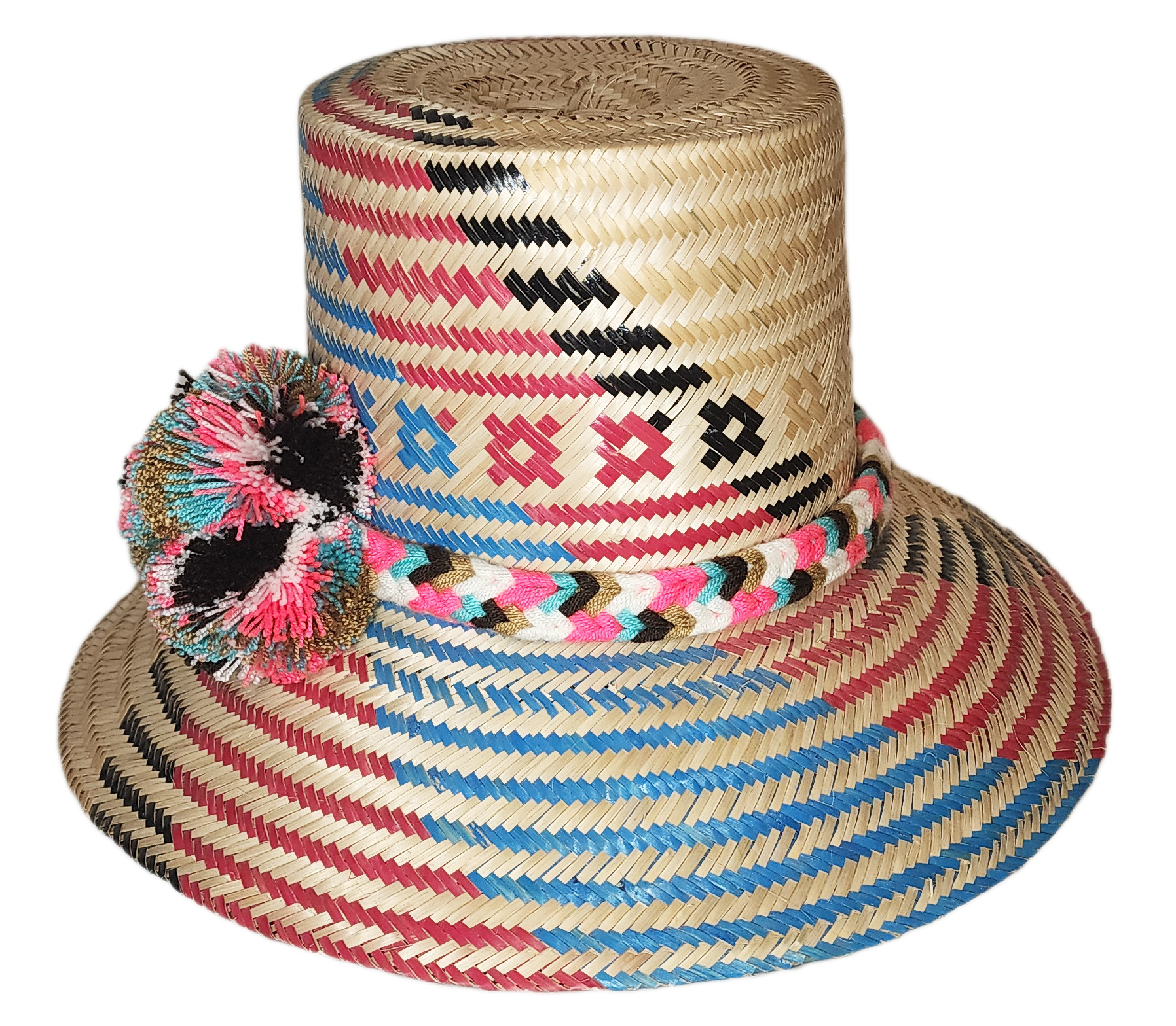 "Colorful handmade Wayuu hat crafted from Iraca palm, adorned with cultural pompoms, adjustable for a perfect fit."