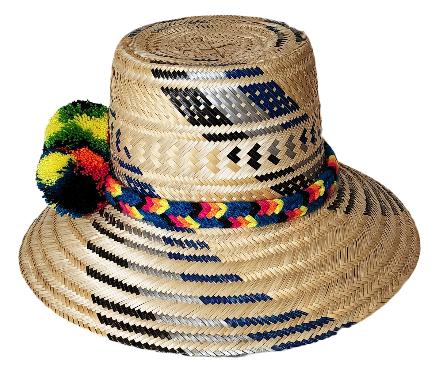 "Colorful handmade Wayuu hat crafted from Iraca palm, adorned with cultural pompoms for style and symbolism."