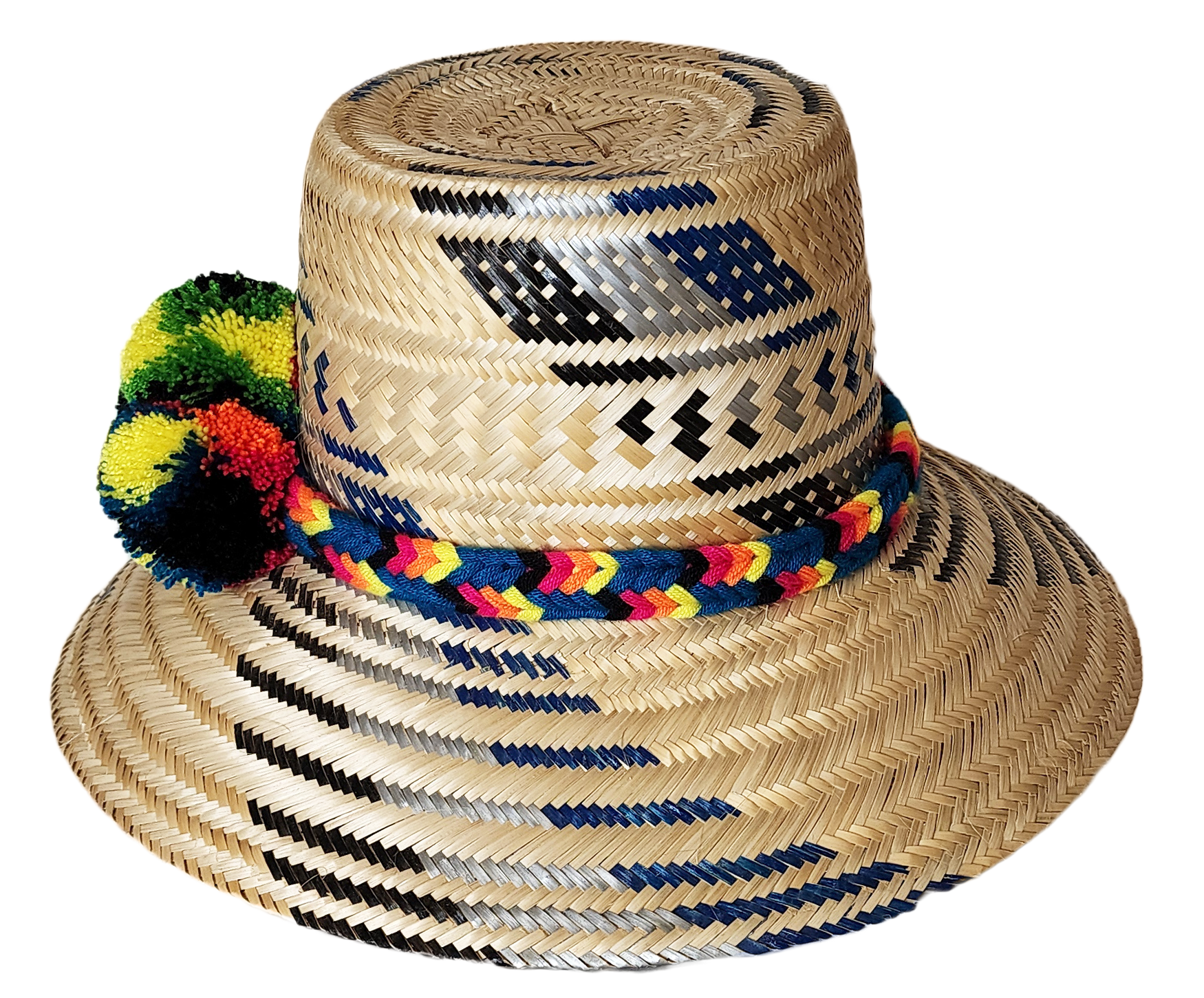 "Colorful handmade Wayuu hat crafted from Iraca palm, adorned with cultural pompoms for style and symbolism."