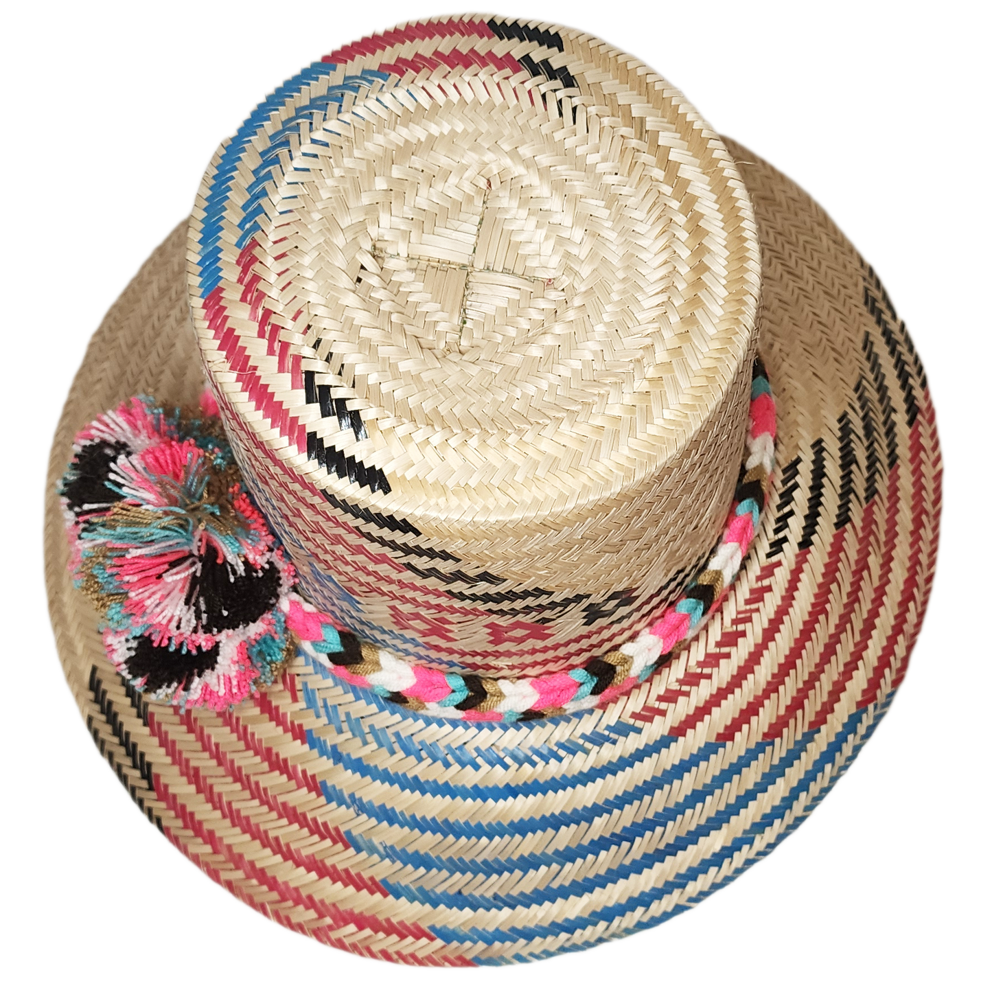 "Colorful handmade Wayuu hat crafted from Iraca palm, adorned with cultural pompoms, adjustable for a perfect fit."