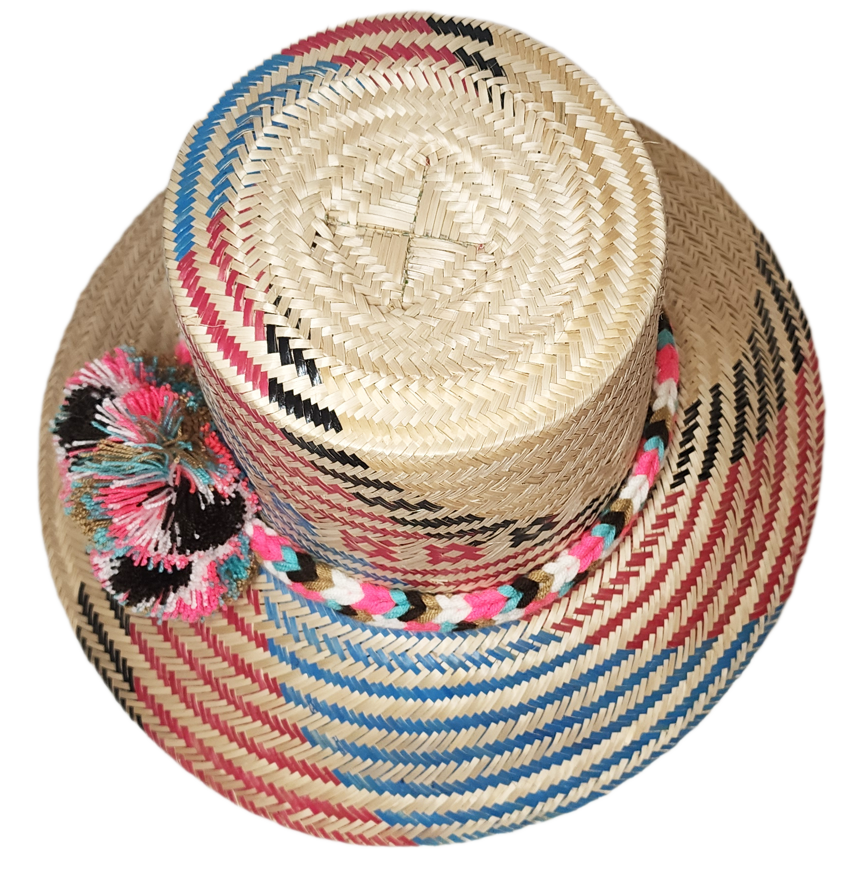 "Colorful handmade Wayuu hat crafted from Iraca palm, adorned with cultural pompoms, adjustable for a perfect fit."
