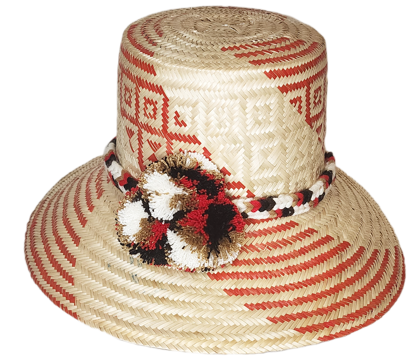 "Colorful handmade Wayuu hat crafted from Iraca palm, featuring decorative pompoms and adaptable fit, promoting Wayuu culture