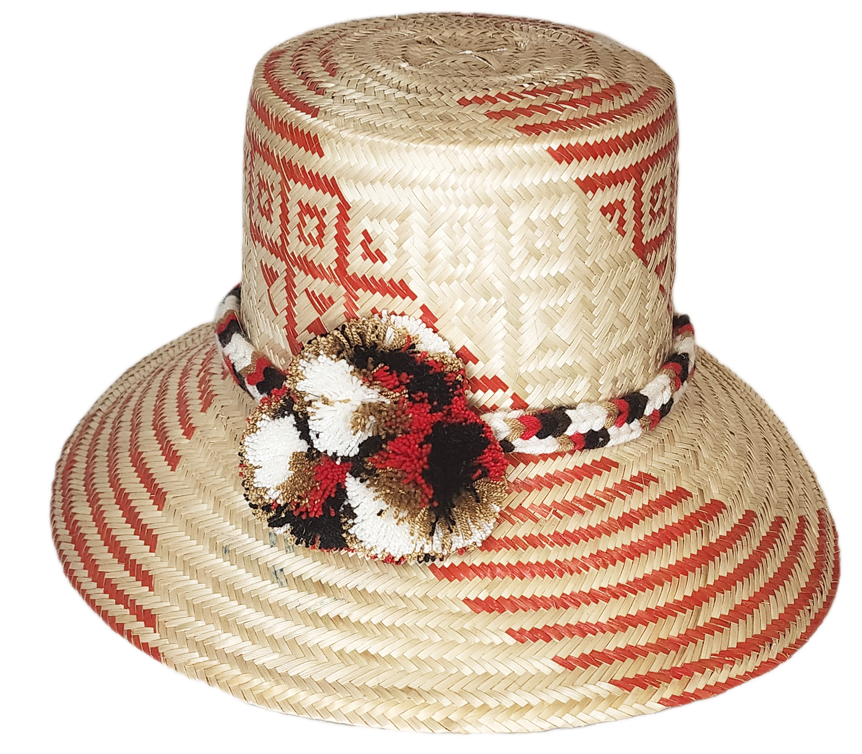 "Colorful handmade Wayuu hat crafted from Iraca palm, featuring decorative pompoms and adaptable fit, promoting Wayuu culture