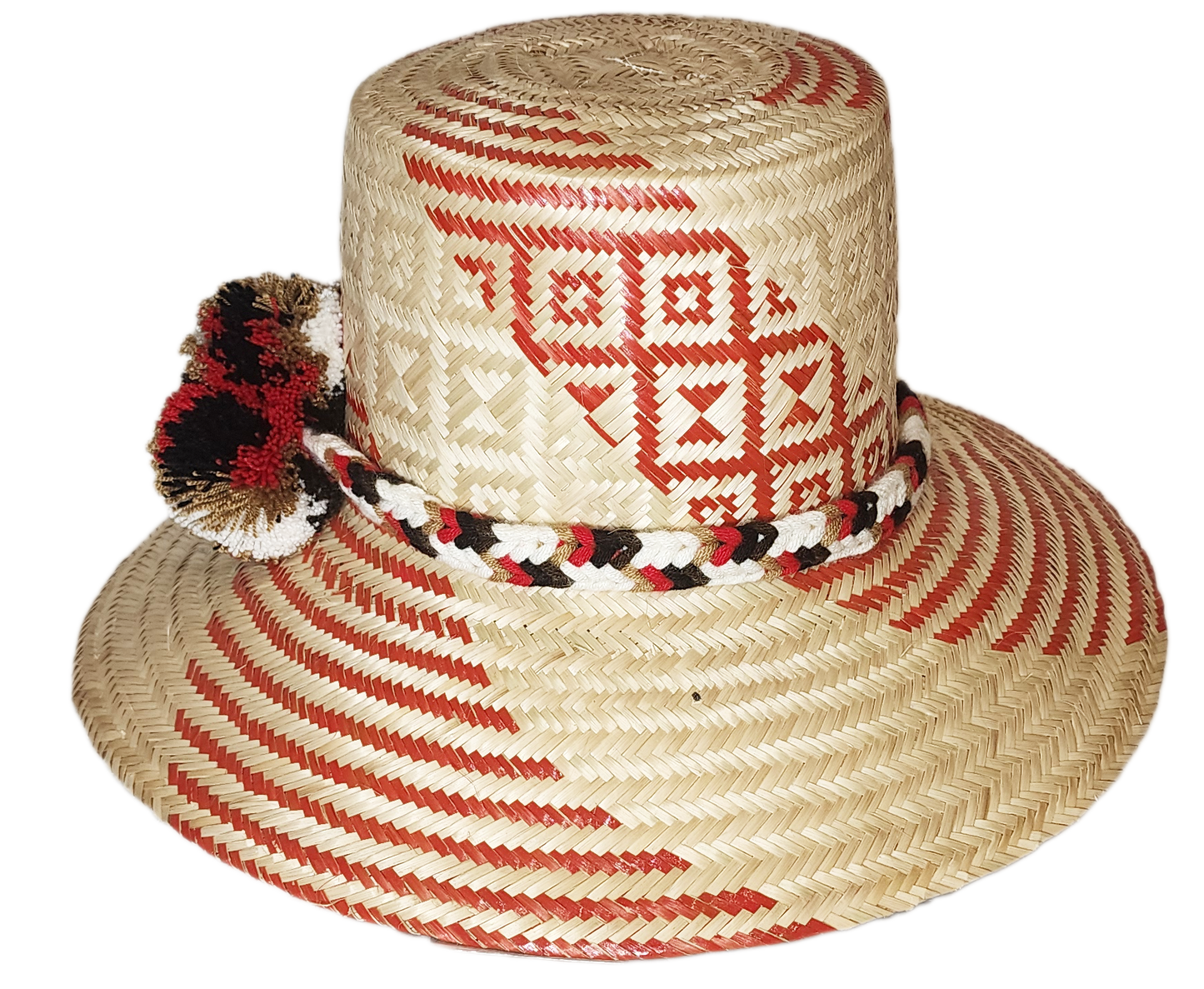 "Colorful handmade Wayuu hat crafted from Iraca palm, featuring decorative pompoms and adaptable fit, promoting Wayuu culture
