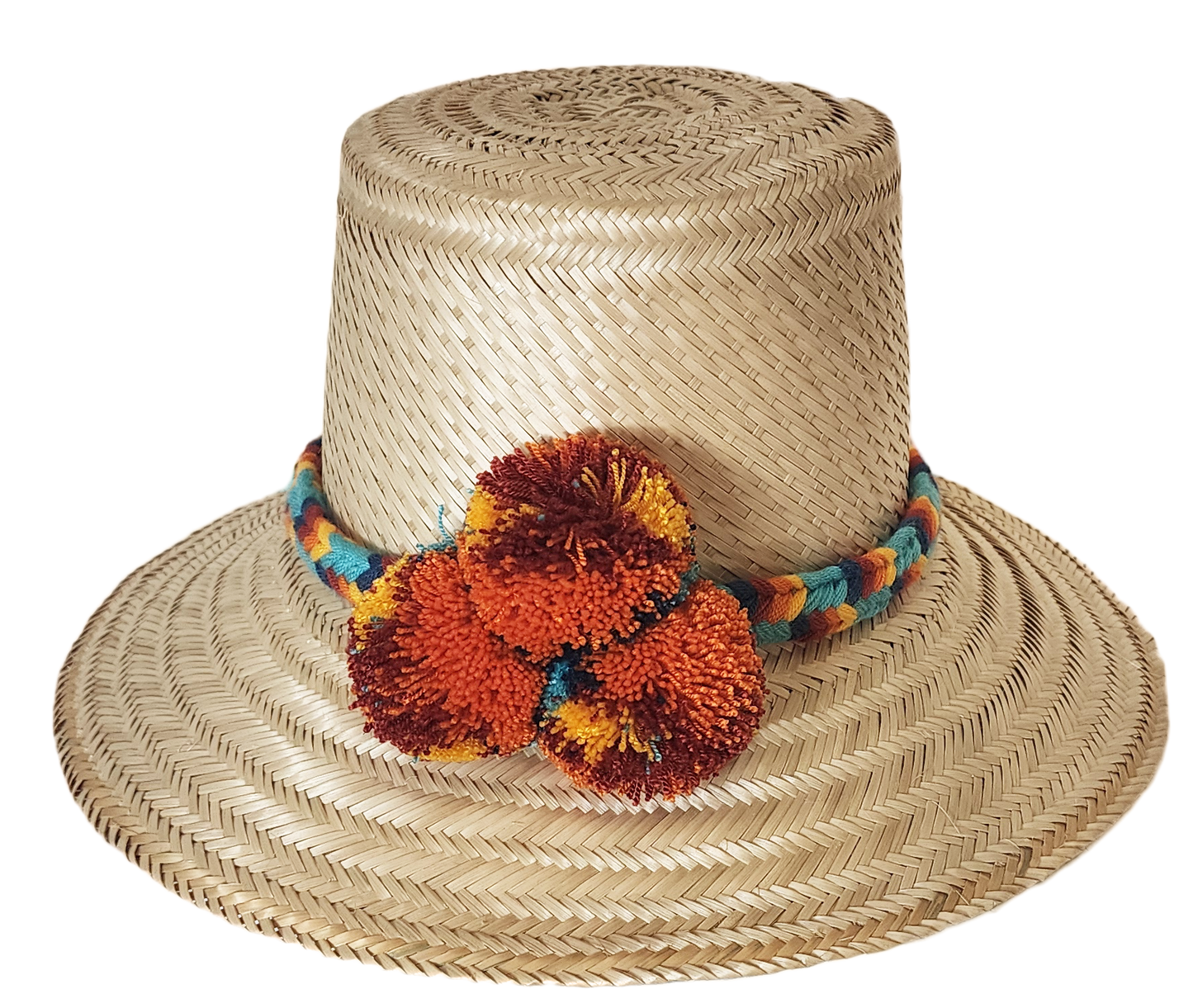 "Colorful handmade Wayuu hat crafted from Iraca palm fibers, adorned with culturally significant pompoms for style and prospe
