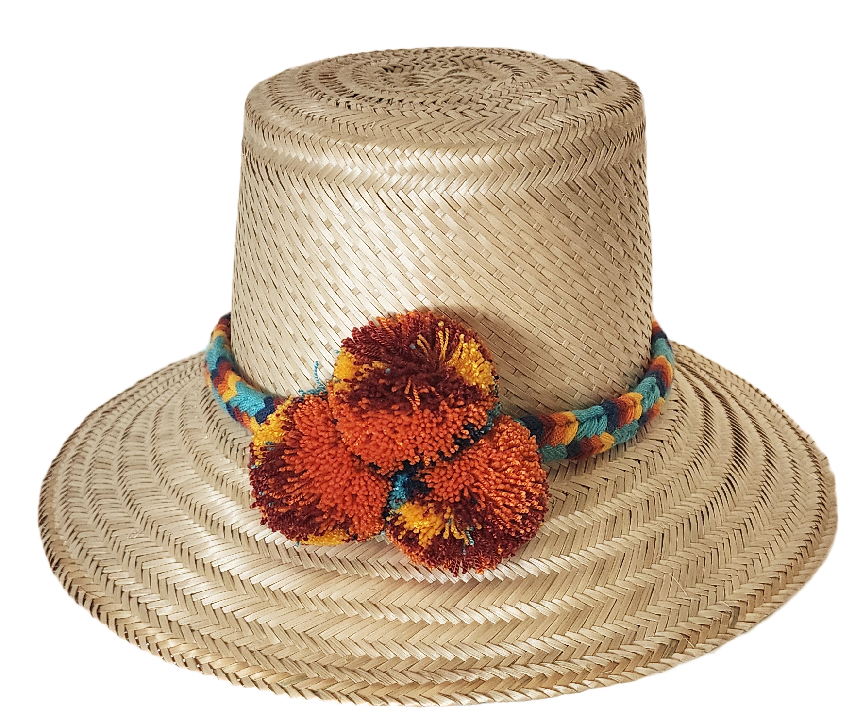 "Colorful handmade Wayuu hat crafted from Iraca palm fibers, adorned with culturally significant pompoms for style and prospe