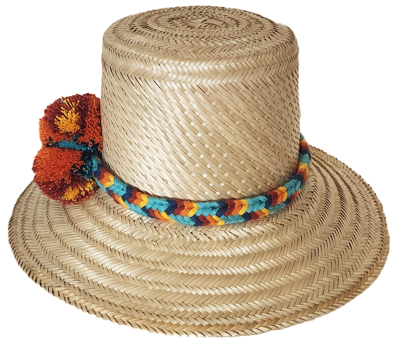 "Colorful handmade Wayuu hat crafted from Iraca palm fibers, adorned with culturally significant pompoms for style and prospe