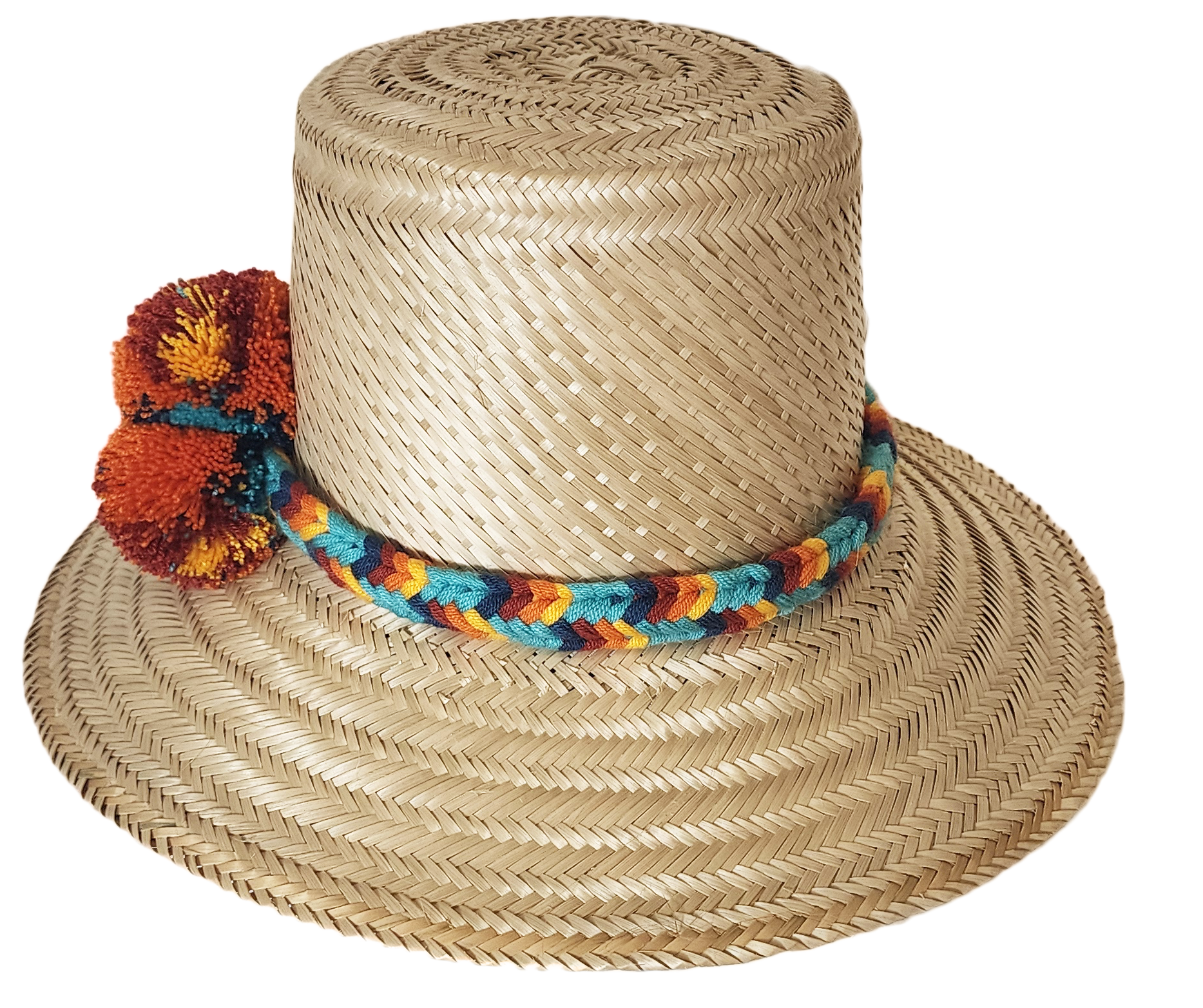 "Colorful handmade Wayuu hat crafted from Iraca palm fibers, adorned with culturally significant pompoms for style and prospe