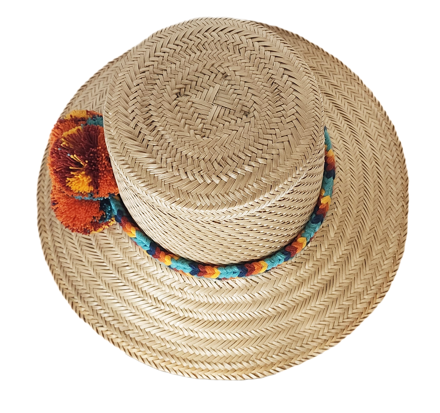 "Colorful handmade Wayuu hat crafted from Iraca palm fibers, adorned with culturally significant pompoms for style and prospe
