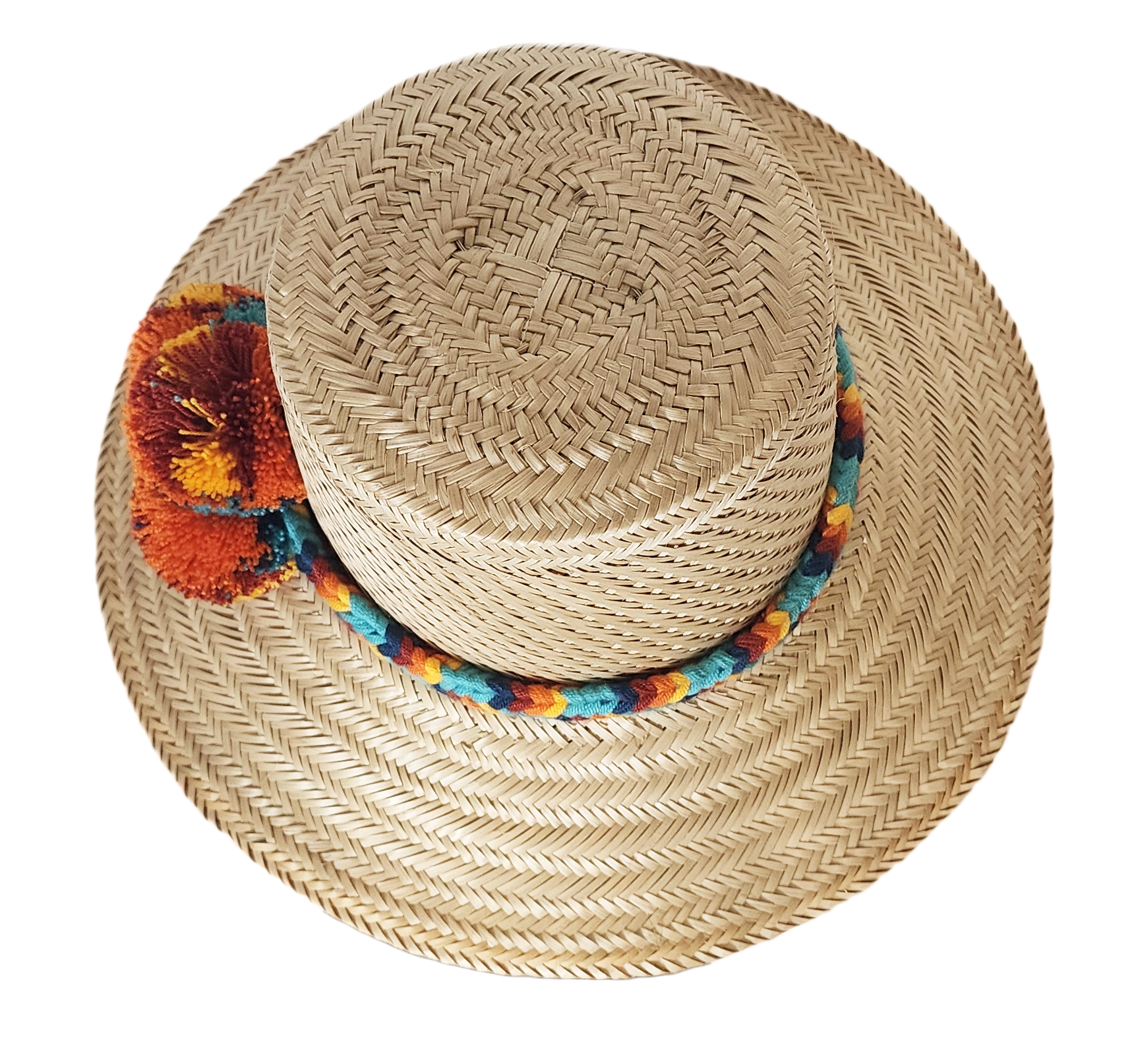 "Colorful handmade Wayuu hat crafted from Iraca palm fibers, adorned with culturally significant pompoms for style and prospe