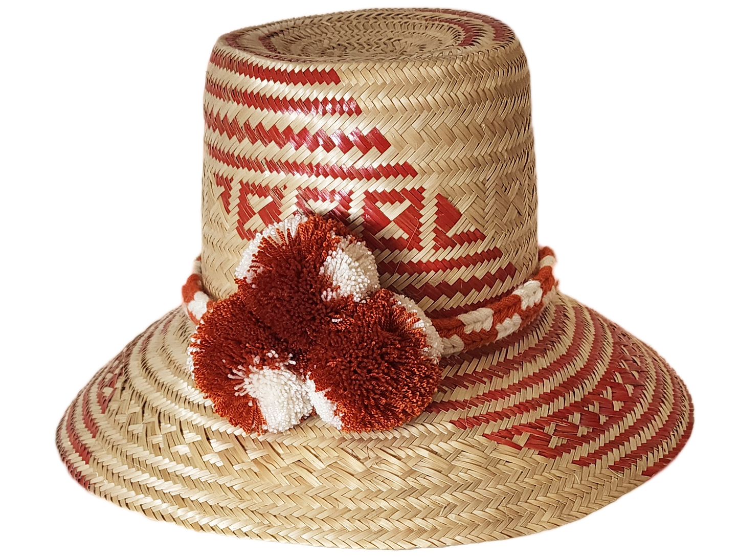 "Colorful handmade Wayuu hat crafted from Iraca palm fibers with significant cultural pompoms, offering versatile styling for