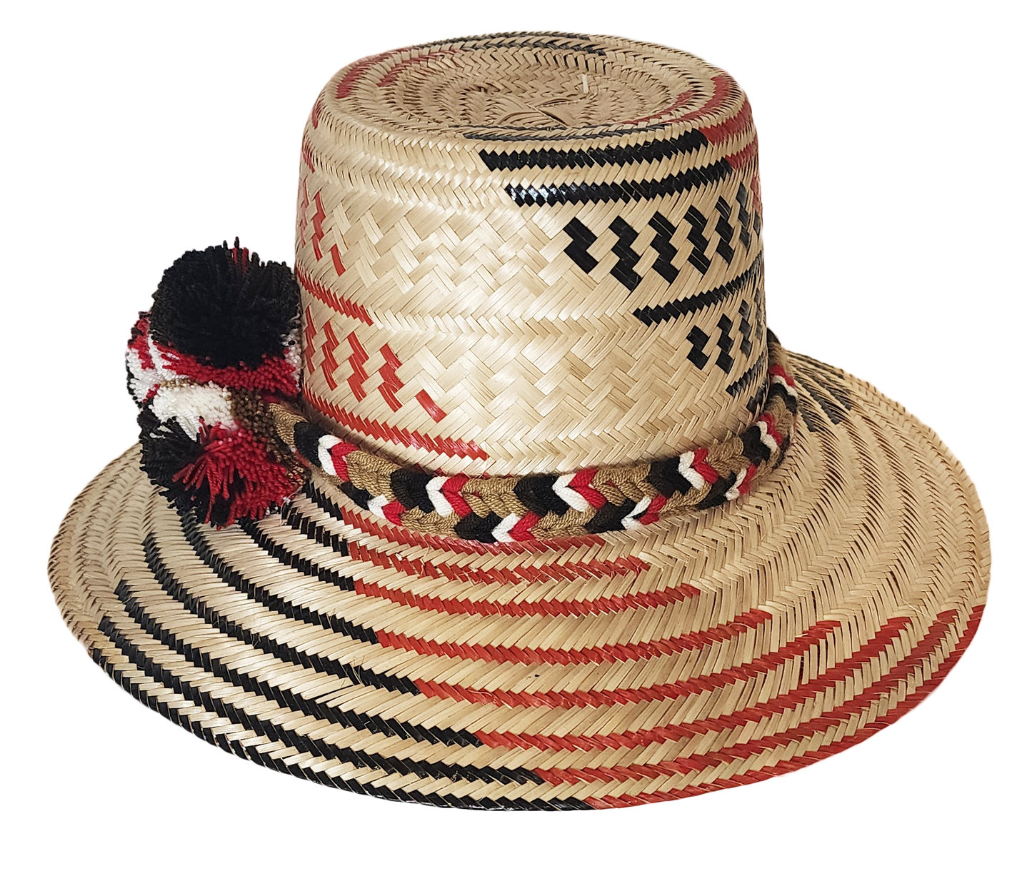 "Colorful handmade Wayuu hat crafted from Iraca palm fibers with distinctive pompoms, offering versatile style and cultural s