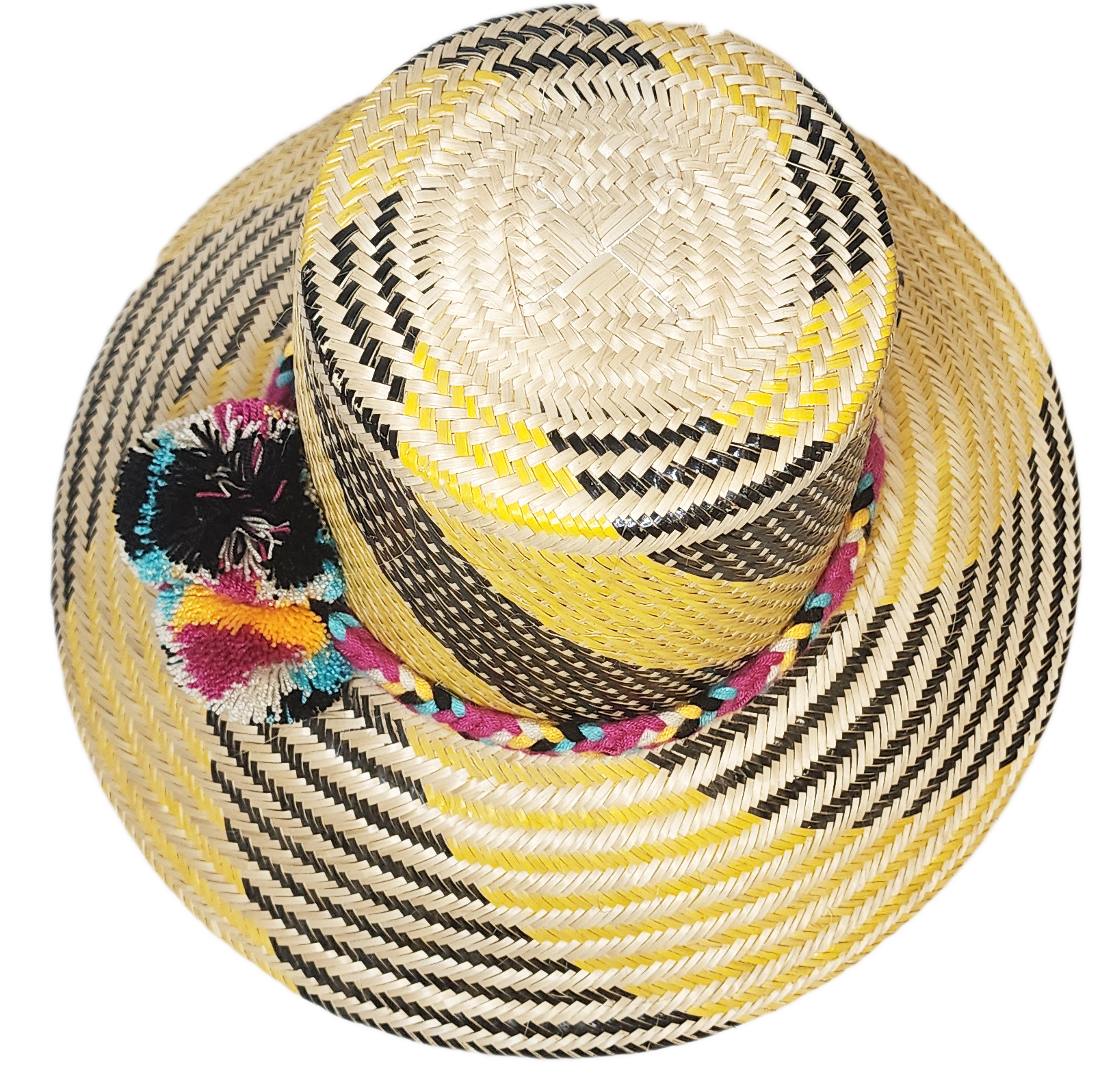 "Colorful handmade Wayuu hat crafted from Iraca palm fibers with decorative pompoms, showcasing vibrant Wayuu cultural design