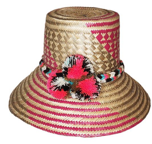 "Colorful handmade Wayuu hat from Iraca palm fibers, adorned with meaningful pompoms, supporting Wayuu Taya Foundation."