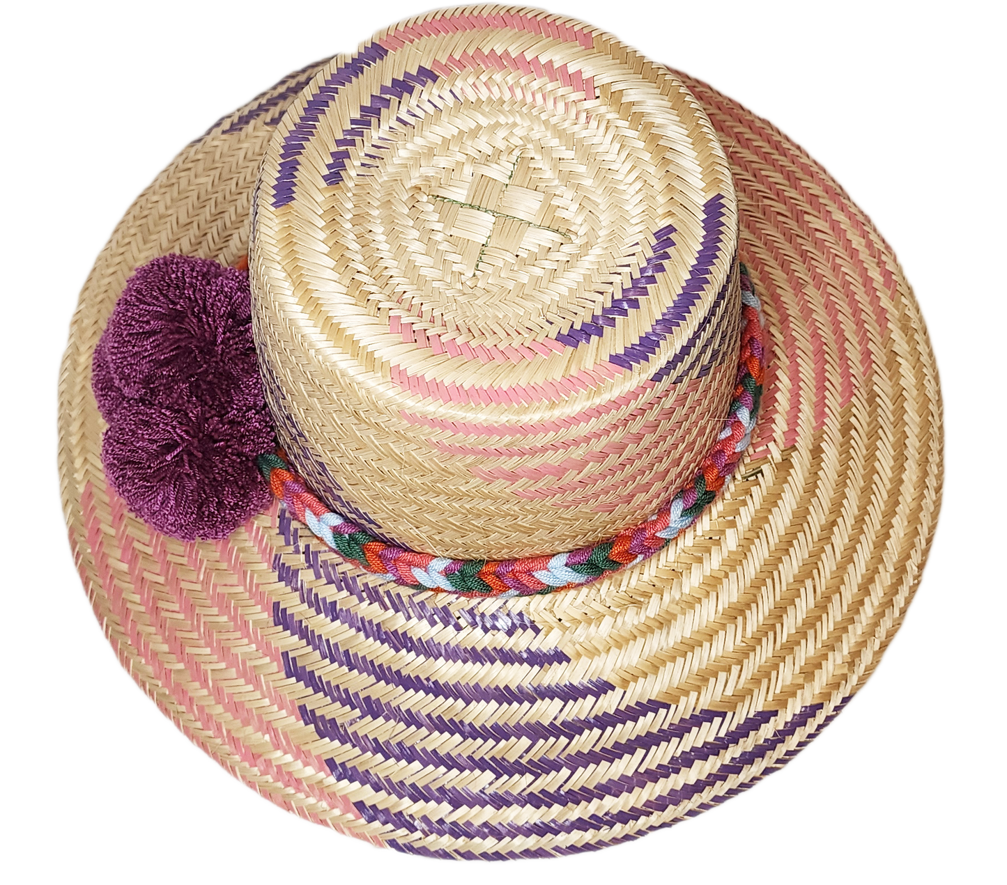 "Colorful handmade Wayuu hat from Iraca palm fibers, adorned with symbolic pompoms, offering sun protection and adjustable fi