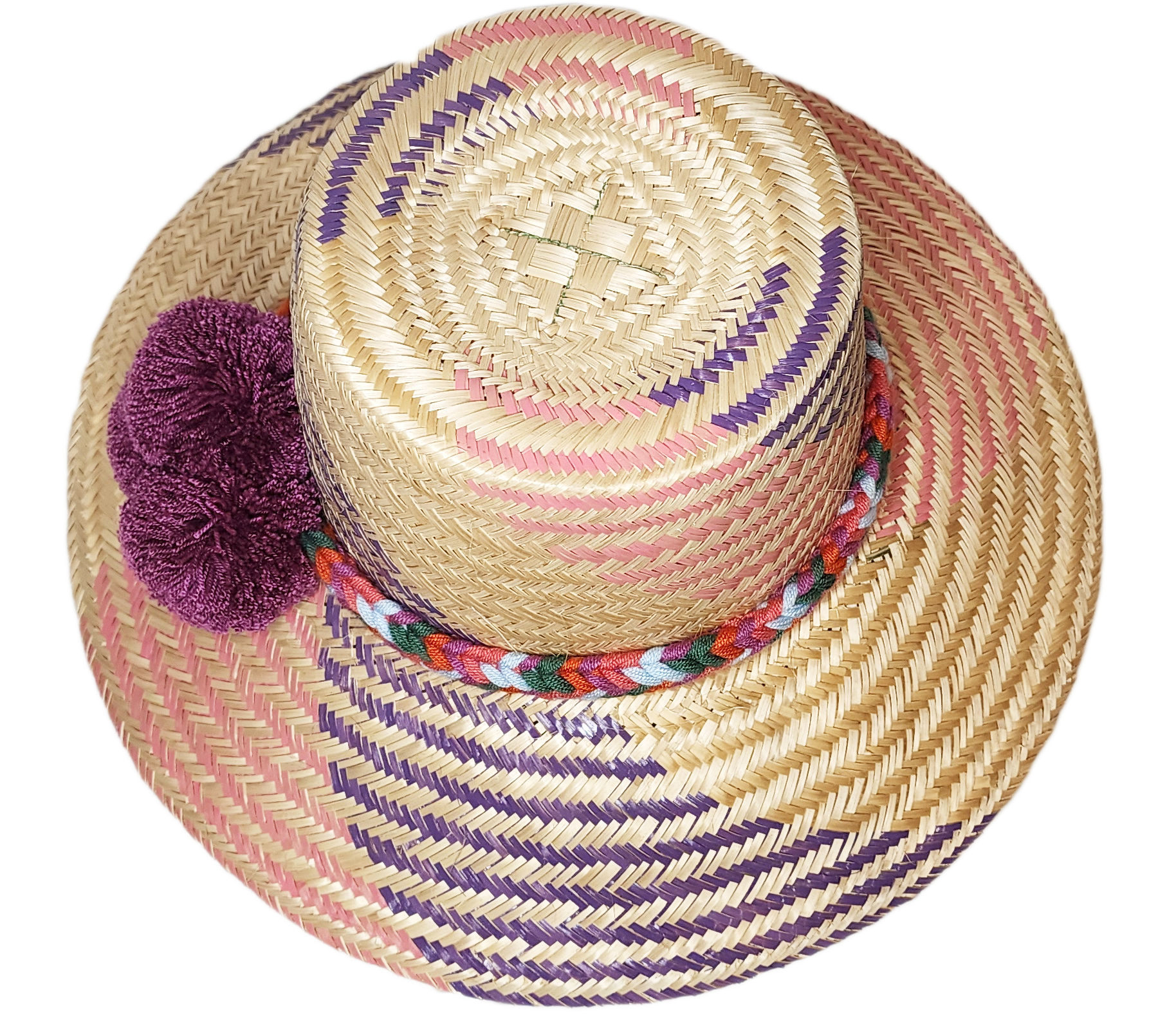 "Colorful handmade Wayuu hat from Iraca palm fibers, adorned with symbolic pompoms, offering sun protection and adjustable fi