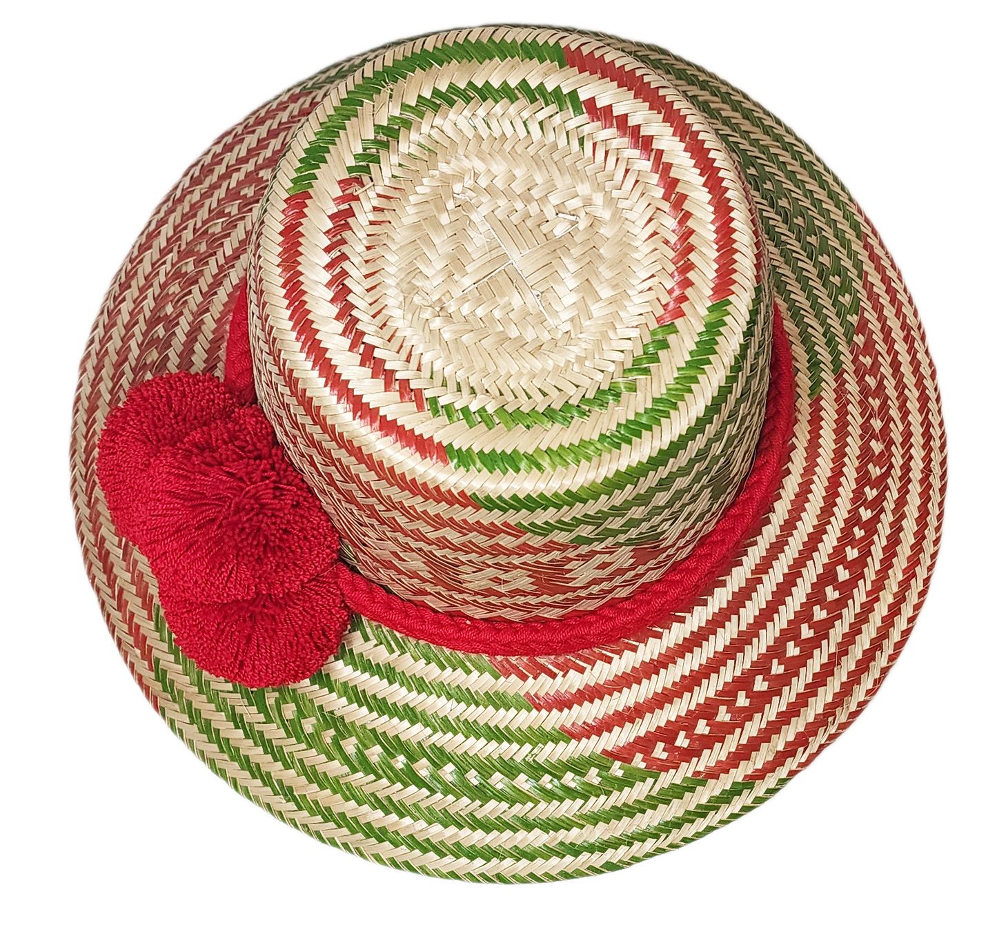 "Colorful handmade Wayuu hat woven from Iraca palm fibers, adorned with significant pompoms, adjustable for style and fit."