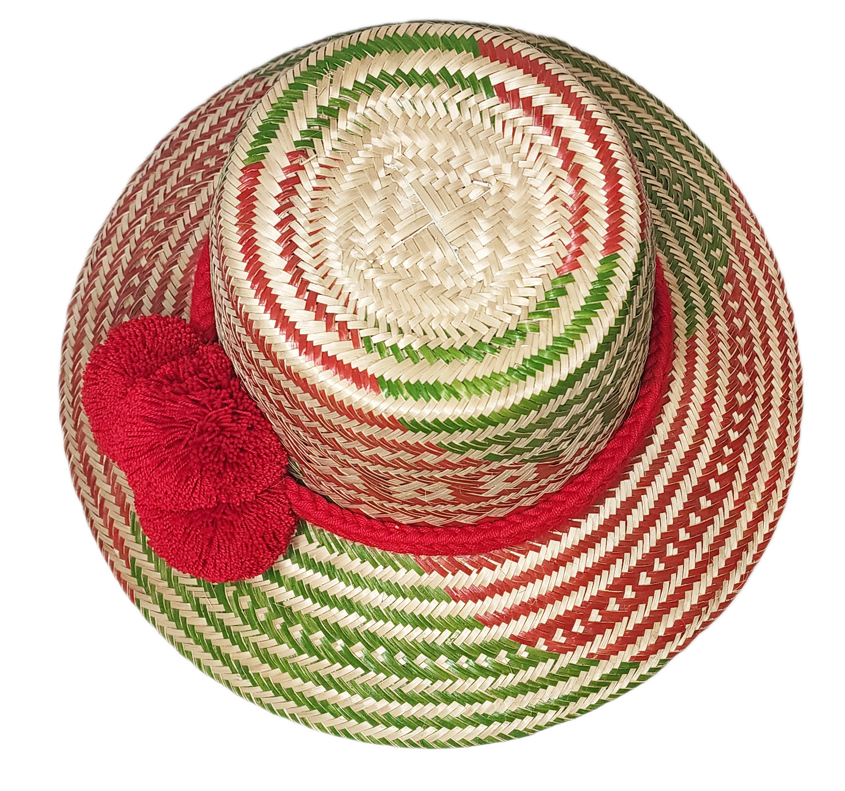 "Colorful handmade Wayuu hat woven from Iraca palm fibers, adorned with significant pompoms, adjustable for style and fit."