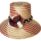 "Colorful handmade Wayuu hat from Iraca palm fibers, featuring adjustable fit and cultural pompoms, supporting Wayuu Taya Fou