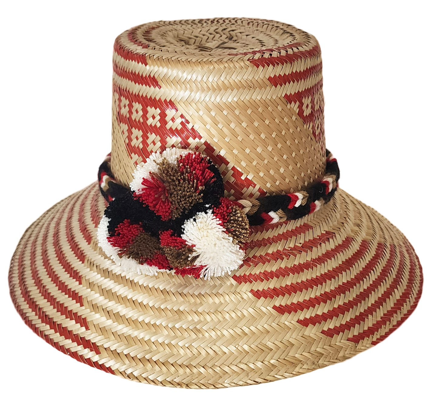 "Colorful handmade Wayuu hat from Iraca palm fibers, featuring adjustable fit and cultural pompoms, supporting Wayuu Taya Fou