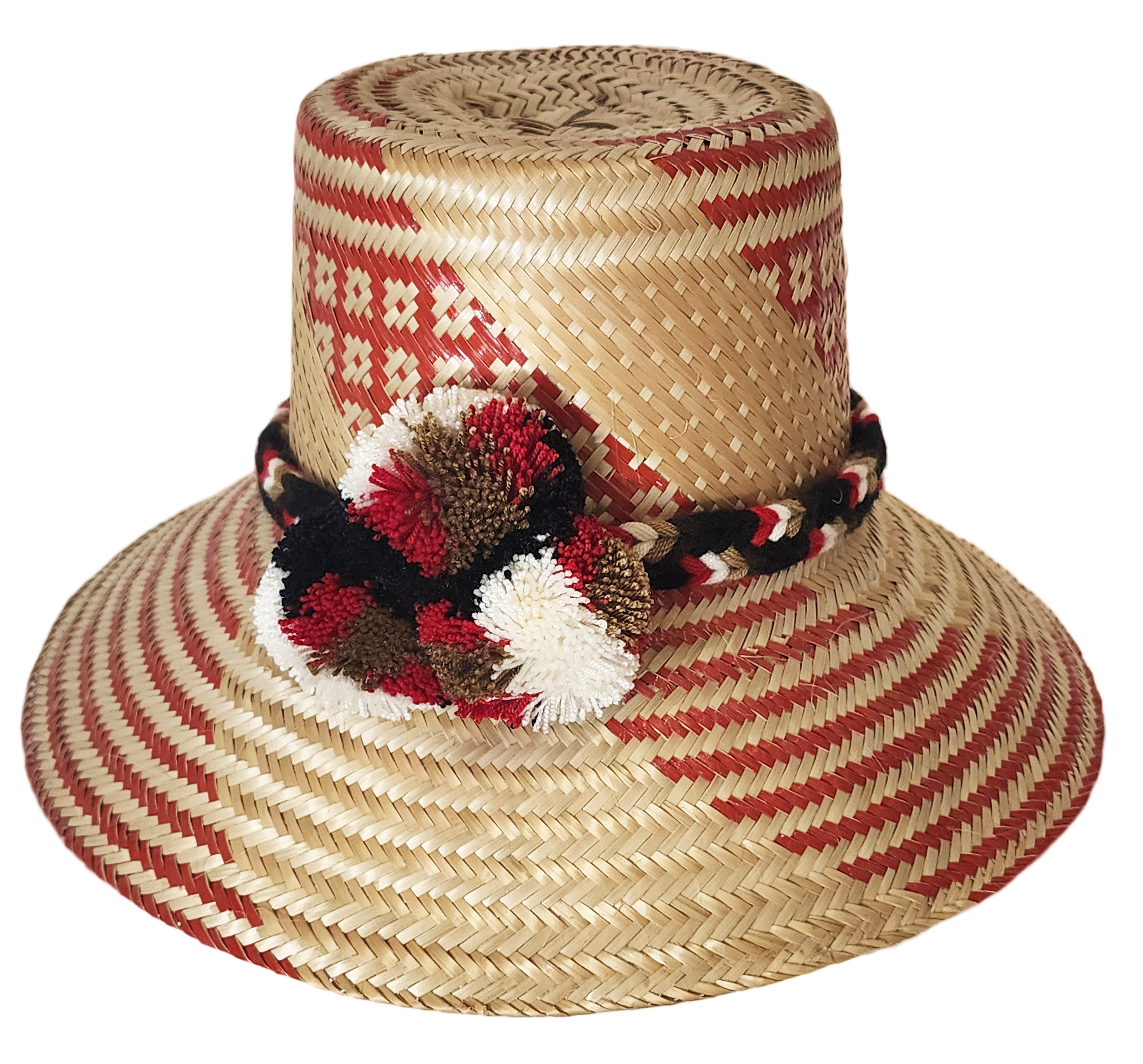 "Colorful handmade Wayuu hat from Iraca palm fibers, featuring adjustable fit and cultural pompoms, supporting Wayuu Taya Fou