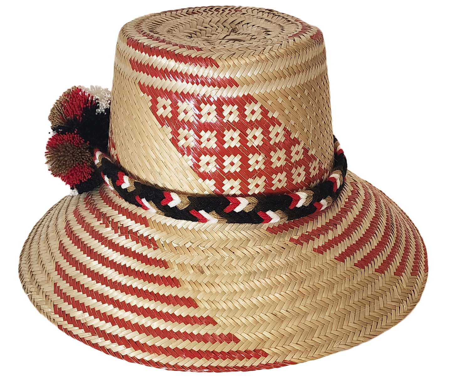 "Colorful handmade Wayuu hat from Iraca palm fibers, featuring adjustable fit and cultural pompoms, supporting Wayuu Taya Fou