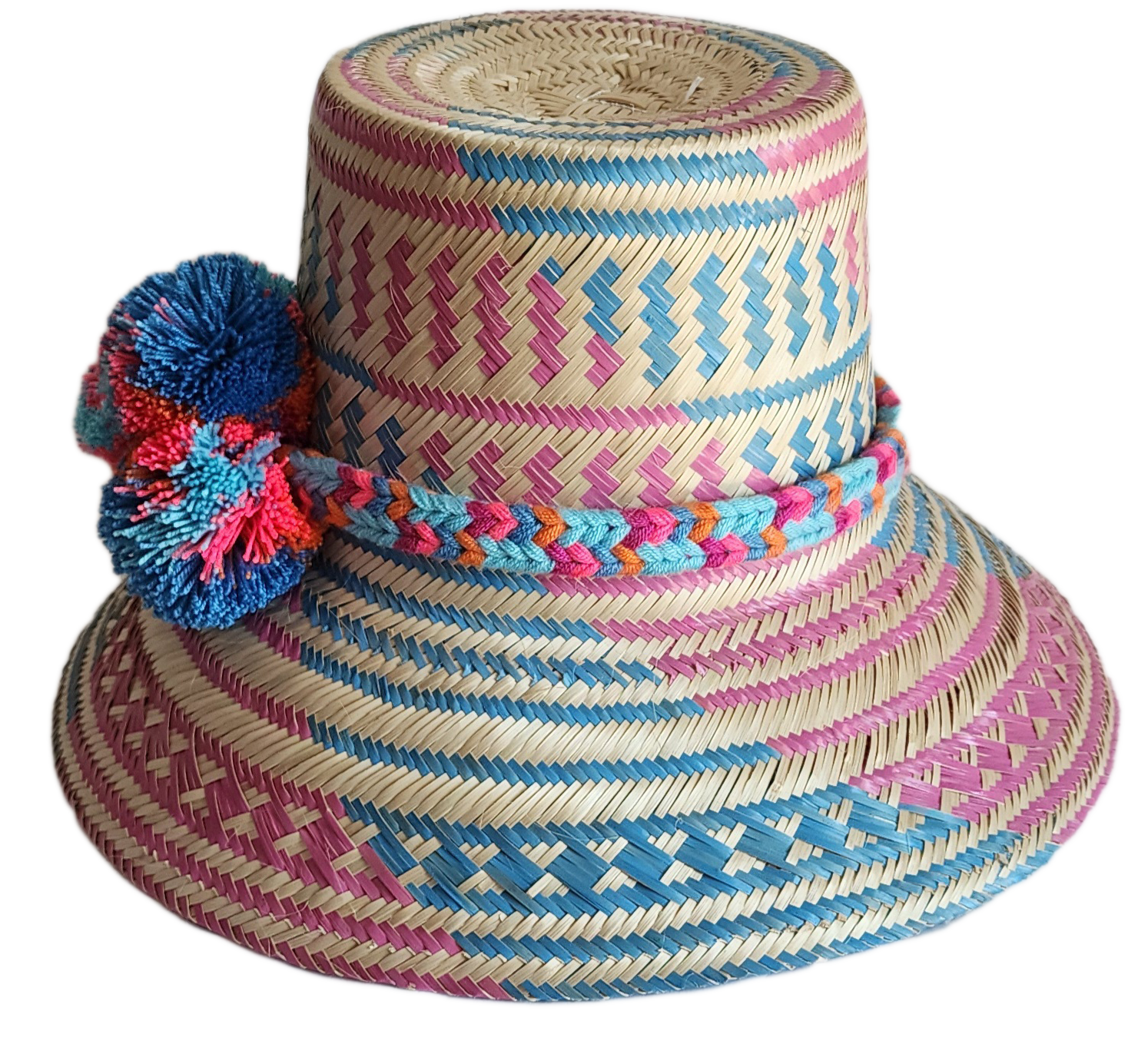 "Colorful handmade Wayuu hat, handwoven from Iraca palm fibers, adorned with culturally significant pompoms, adjustable fit."