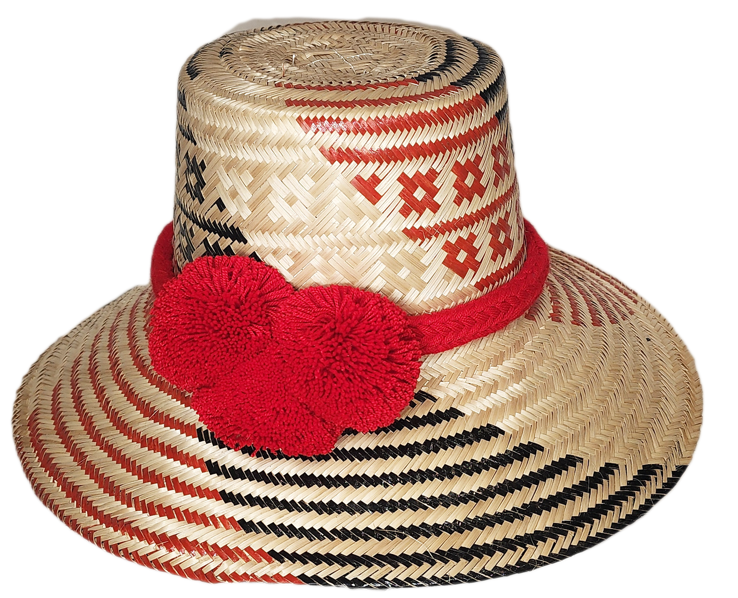 Handmade Wayuu straw hat with bold red pompoms and black-red weave

