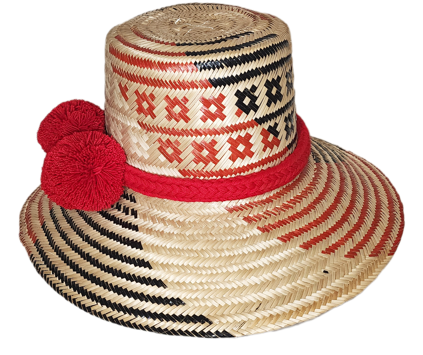 "Colorful handmade Wayuu hat with vibrant pompoms, crafted from Iraca palm fibers by the Wayuu tribe, adjustable for various 
