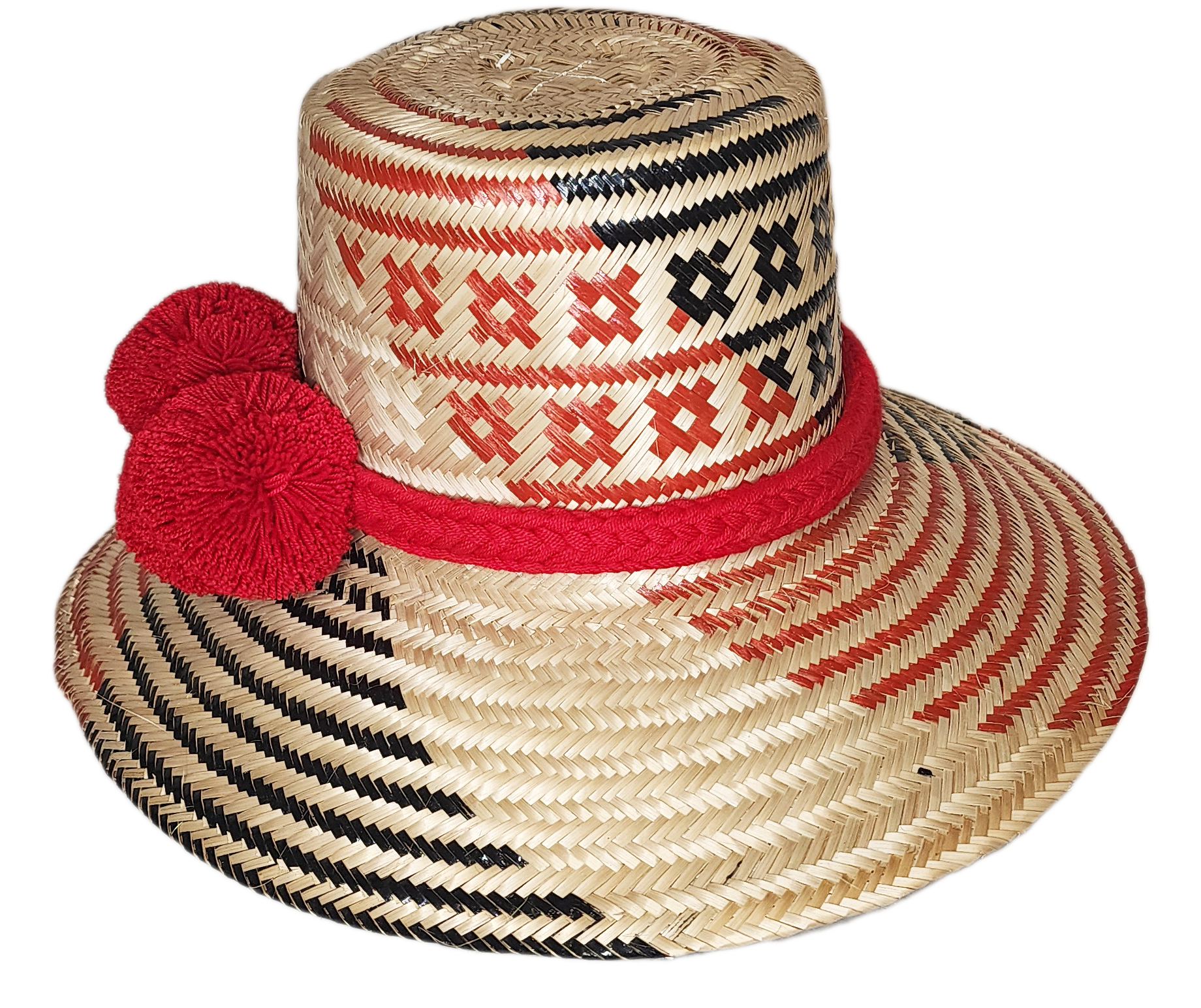 "Colorful handmade Wayuu hat with vibrant pompoms, crafted from Iraca palm fibers by the Wayuu tribe, adjustable for various 