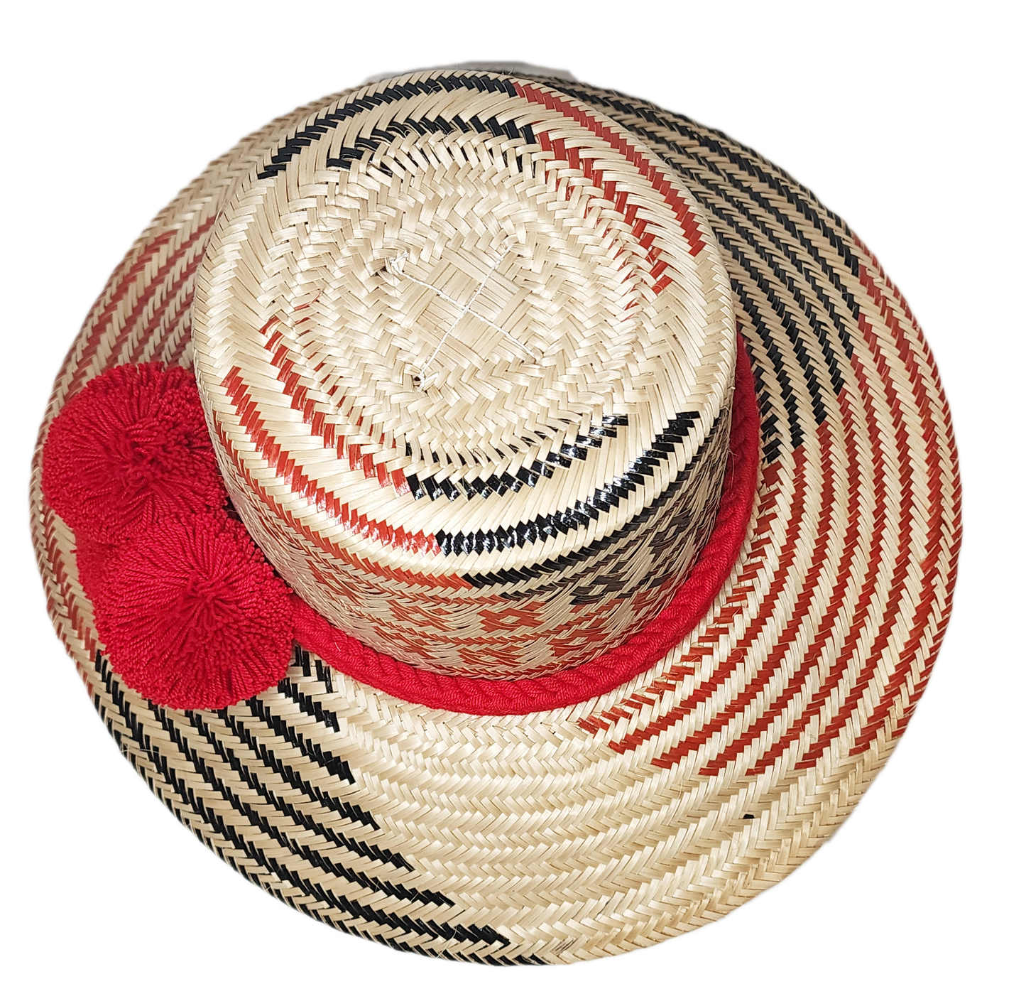 "Colorful handmade Wayuu hat with vibrant pompoms, crafted from Iraca palm fibers by the Wayuu tribe, adjustable for various 