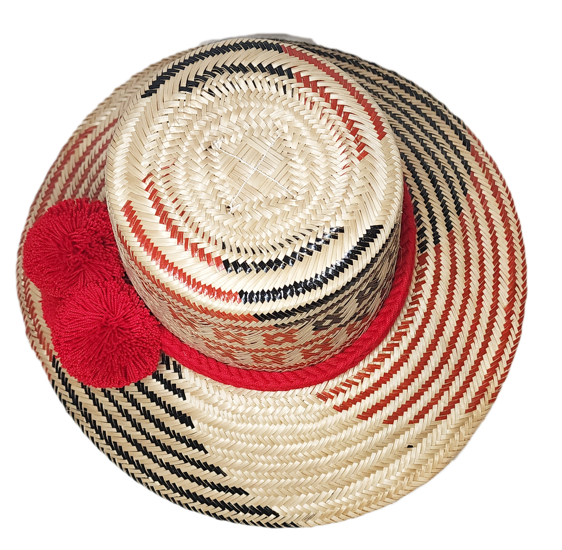 "Colorful handmade Wayuu hat with vibrant pompoms, crafted from Iraca palm fibers by the Wayuu tribe, adjustable for various 