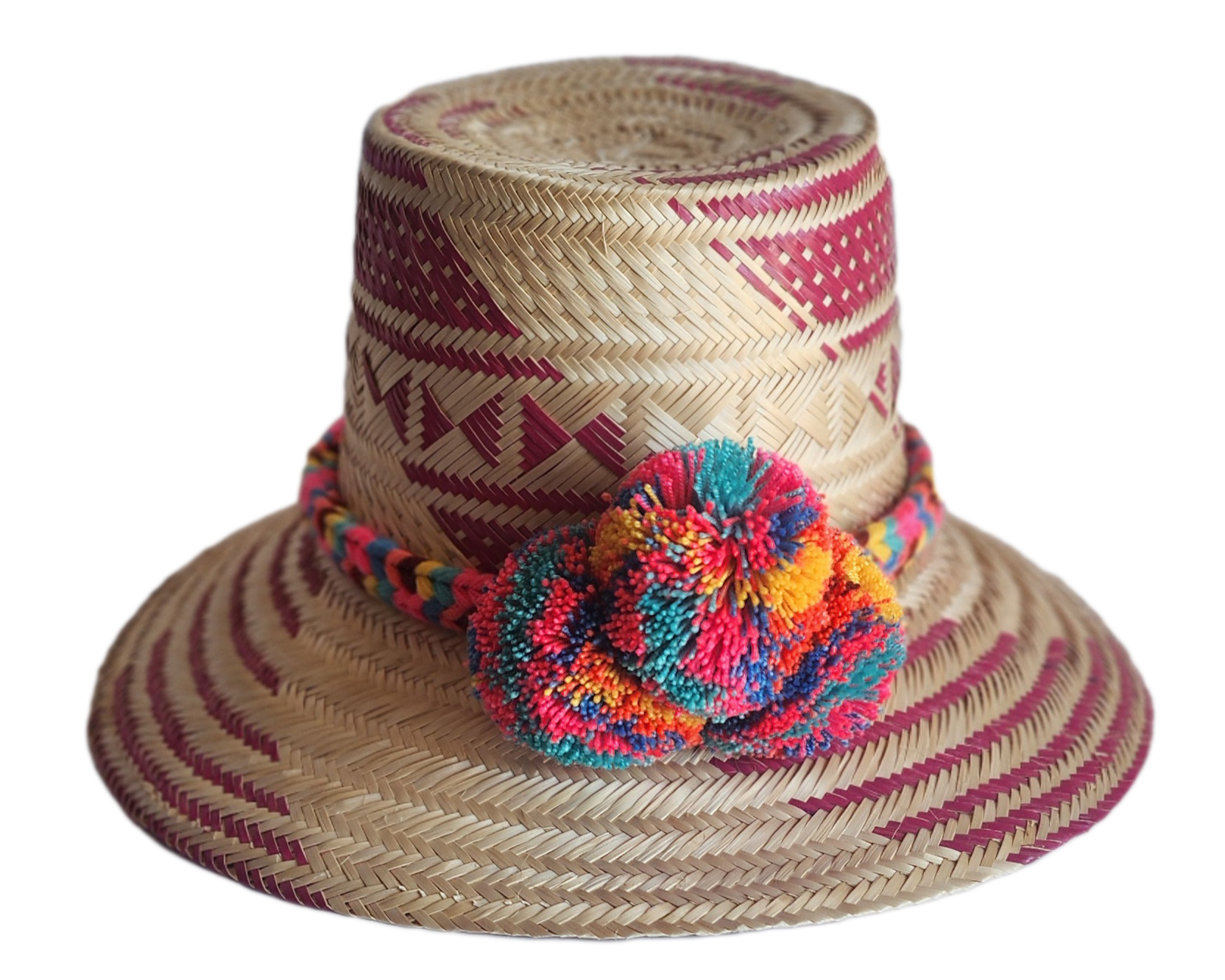 "Colorful handmade Wayuu hat woven from Iraca palm fibers, adorned with culturally significant pompoms, offering adjustable f