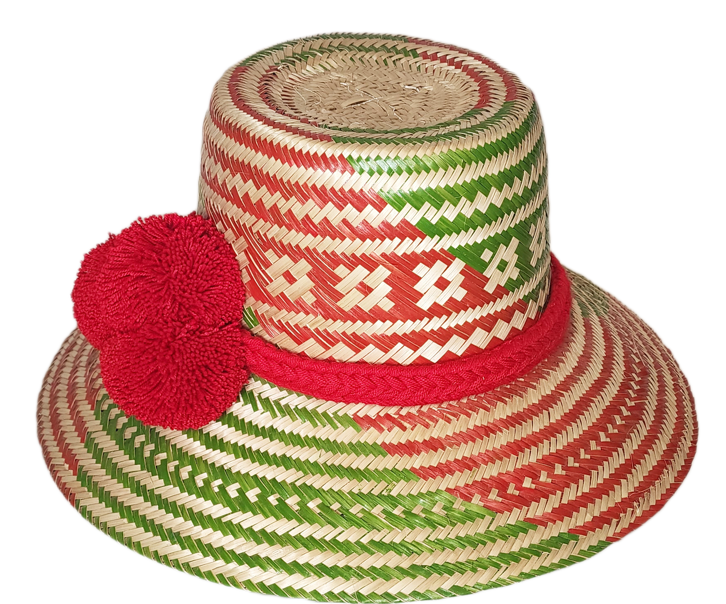 "Colorful handmade Wayuu hat woven from Iraca palm fibers, adorned with significant pompoms, adjustable for style and fit."